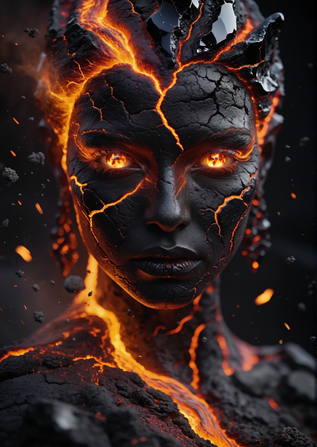photorealistic close up shot of a lava goddess with glowing molten cracks across her skin,  volcanic ash floating around h...