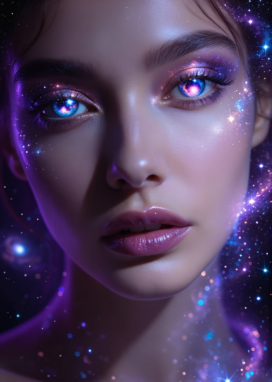 photorealistic cosmic oracle woman with glowing starlight eyes,  galaxy reflections inside her pupils,  floating cosmic du...