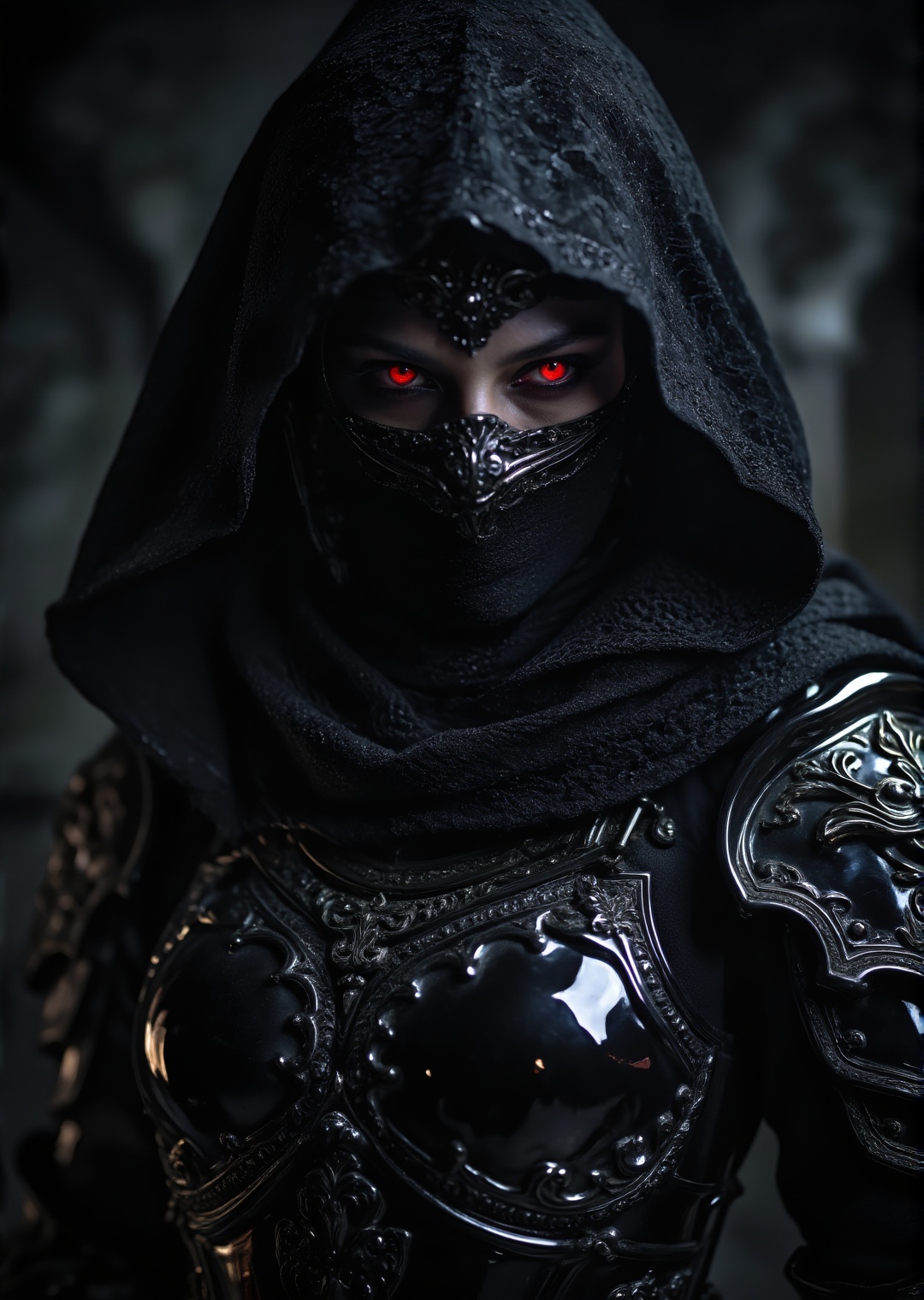 photorealistic close up shot of a dark assassin empress emerging from shadows,  black obsidian armor reflecting dim light,...
