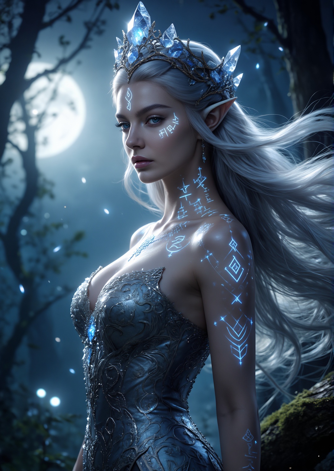 photorealistic elf queen standing in a glowing moonlit forest,  long silver hair flowing in the wind,  delicate glowing ru...