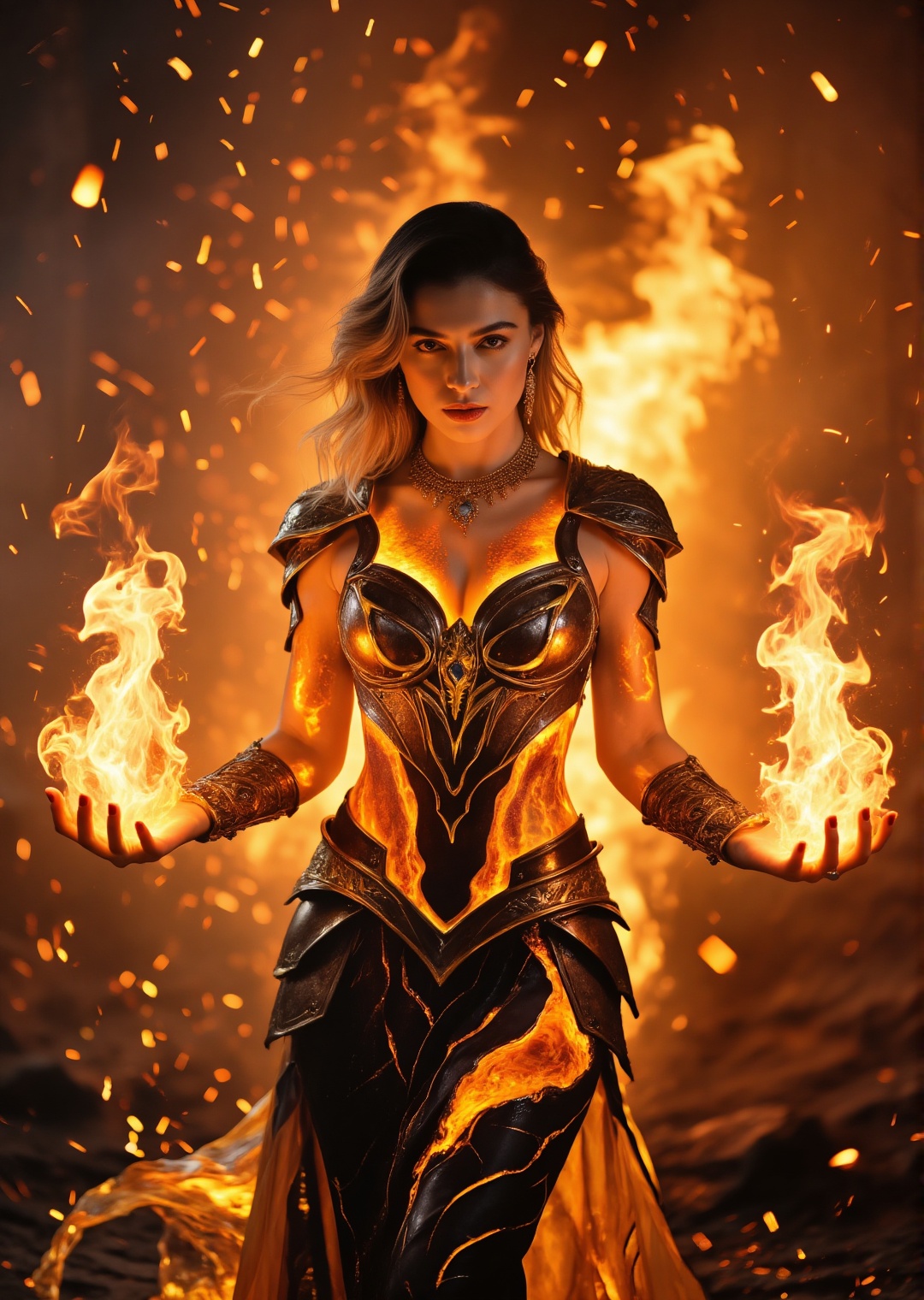 photorealistic female fire mage empress casting flames from her hands,  glowing orange magic reflecting on her skin,  dark...