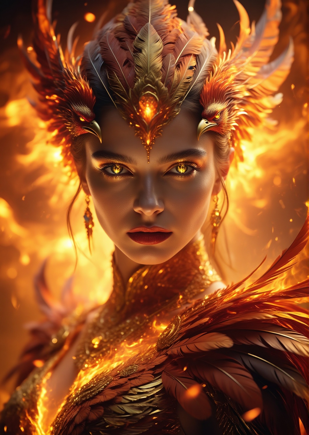 photorealistic phoenix priestess surrounded by fiery feathers,  glowing orange aura,  fire reflecting in her golden eyes....