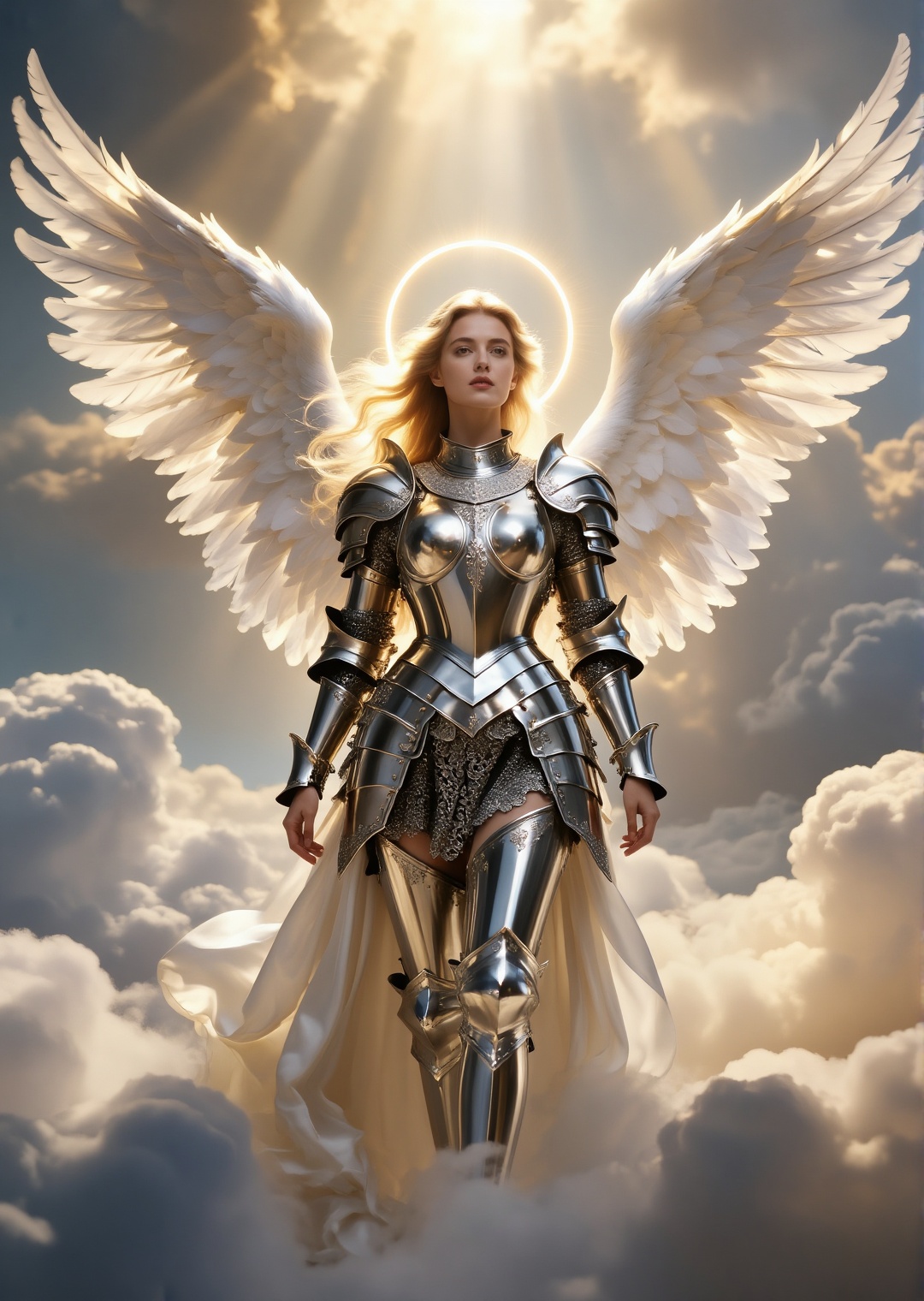 photorealistic angel warrior standing in radiant heavenly light,  massive white feather wings spread behind her,  silver a...