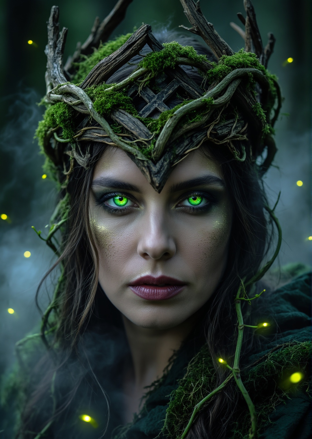 photorealistic dark forest witch with glowing green eyes,  ancient wooden crown covered with vines and moss,  soft fog sur...