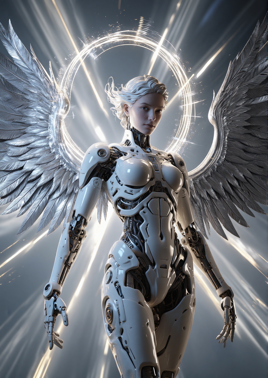 biomechanical angel with metallic wings made of silver feathers and mechanical joints,  porcelain skin fused with futurist...