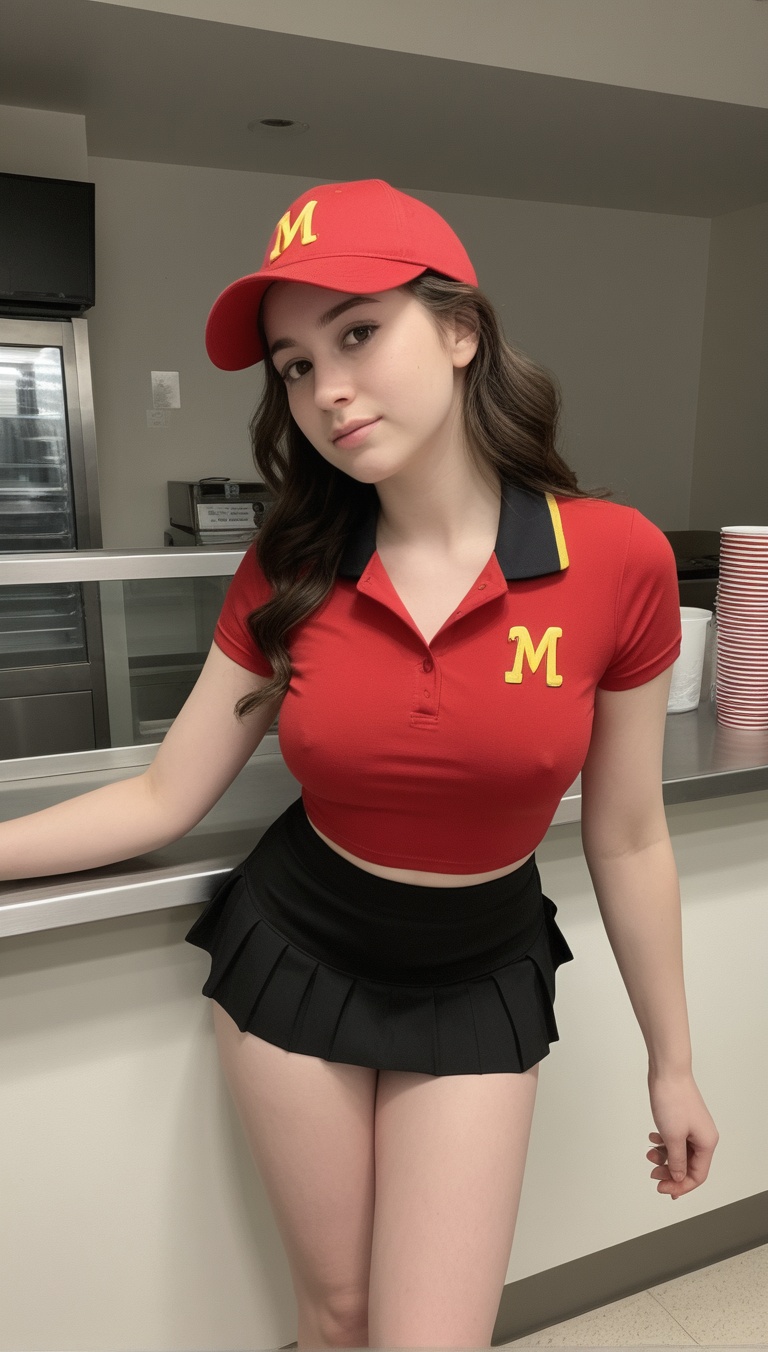 a young woman standing behind a fast-food counter,  captured from a slightly high-angle perspective that emphasizes her dy...