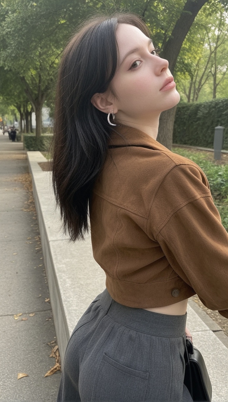 a woman captured from a medium-shot,  low-angle perspective that emphasizes her stylish posture as she leans against a sto...