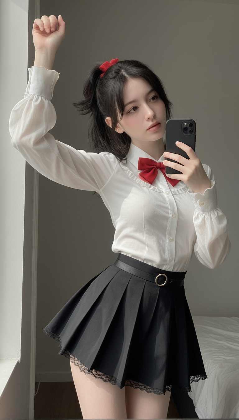 captured from a low-angle perspective that emphasizes the height and presence of the subject as she stands in front of a m...