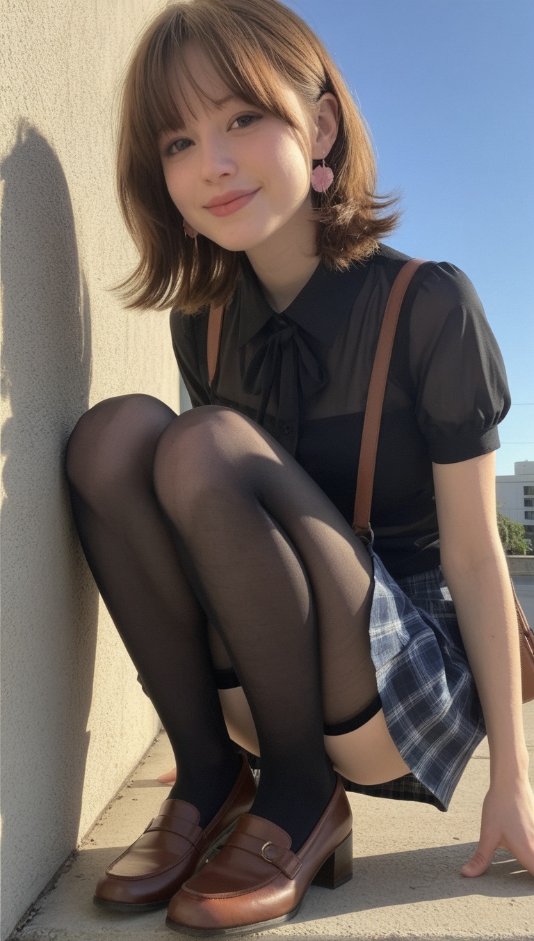 a young woman in a crouched or squatting position on a concrete curb,  captured from a low-angle perspective that emphasiz...