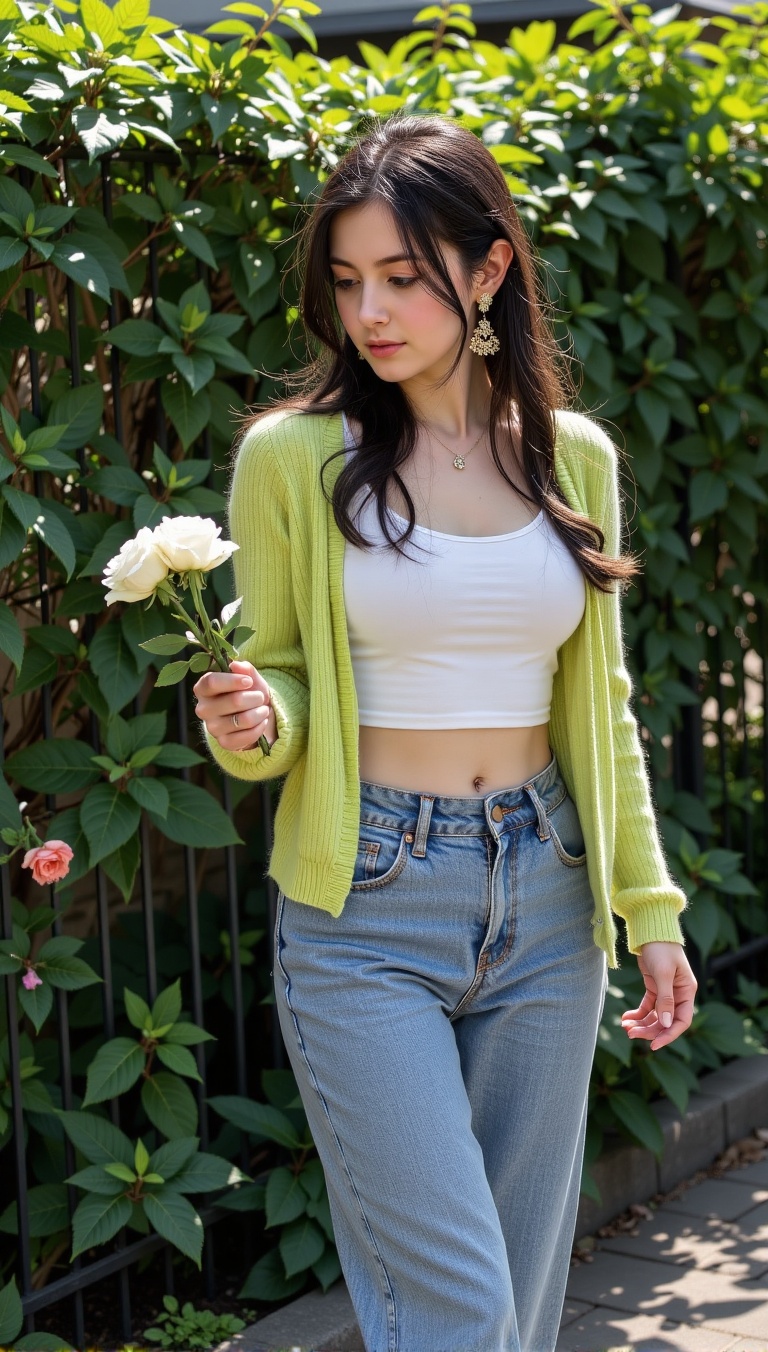 a young woman captured from a slightly high-angle perspective as she walks along a sunlit garden path. Her body is angled...