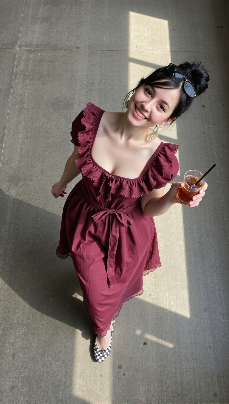 a woman in a high-angle,  top-down perspective,  standing on a textured concrete floor and leaning her upper body playfull...
