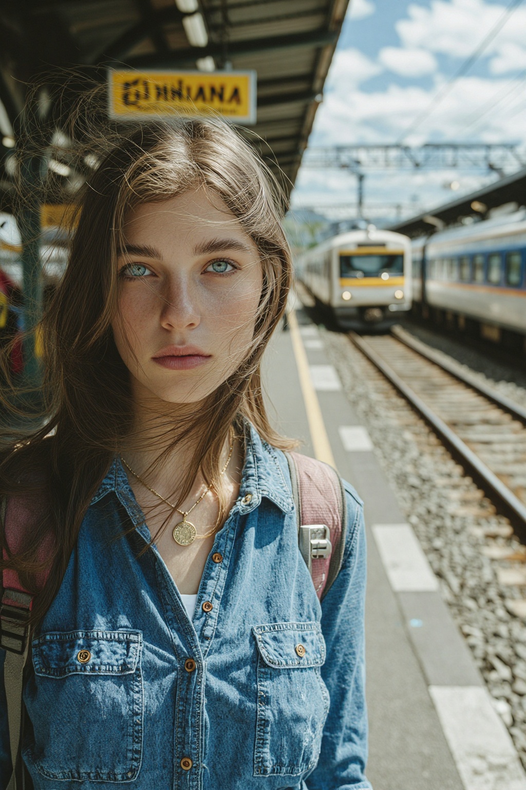 midjourneypastel12t photograph.  
On the left is a young woman with a neutral, calm expression standing on a gravel-covered train platform. She has long, light brown hair with fine strands blowing in the breeze, light blue eyes, and subtle freckles across her nose. She is dressed in a blue denim button-down shirt over a white top, accessorized with a delicate gold coin necklace and pink backpack straps visible over her shoulders. The background shows two modern trains on parallel tracks, one white and yellow and the other blue and silver, receding into a soft-focus blur. The setting is beneath a structured station roof with glowing overhead signage. Bright, natural daylight creates a clean, airy atmosphere with soft textures and a cool-toned color palette, evoking a mood of quiet anticipation and travel.