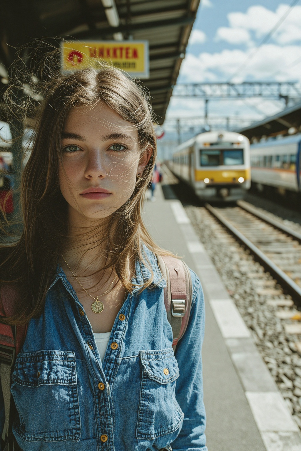 midjourneypastel12t photograph.  
On the left is a young woman with a neutral, calm expression standing on a gravel-covered train platform. She has long, light brown hair with fine strands blowing in the breeze, and subtle freckles across her nose. She is dressed in a blue denim button-down shirt over a white top, accessorized with a delicate gold coin necklace and pink backpack straps visible over her shoulders. The background shows two modern trains on parallel tracks, one white and yellow and the other blue and silver, receding into a soft-focus blur. The setting is beneath a structured station roof with glowing overhead signage. Bright, natural daylight creates a clean, airy atmosphere with soft textures and a cool-toned color palette, evoking a mood of quiet anticipation and travel.