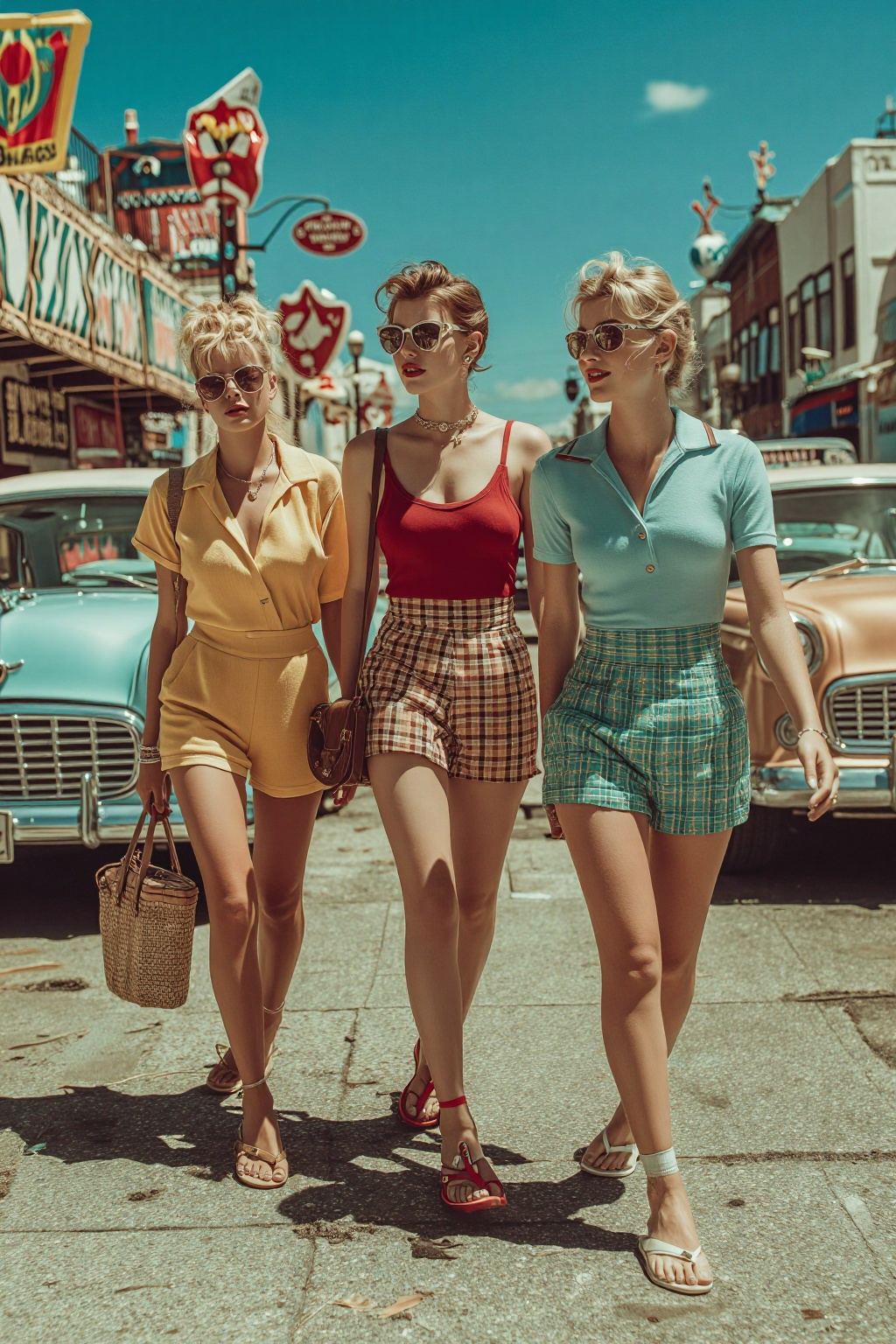 midjourneypastel12t photograph.  
midjourneypastel12t photograph.  
A vibrant and stylish vintage-style street photograph, capturing three fashionable young women with short hairstyles, walking confidently down a sunny urban sidewalk. The woman in the foreground on the right wears a light blue cropped top, high-waisted teal and white diamond-patterned shorts, and white flip-flops. The woman in the middle wears a dark red camisole, high-waisted red and white gingham shorts, and red flip-flops, carrying a small brown handbag. The woman on the left wears a yellow blouse, yellow shorts, and flip-flops, carrying a woven basket bag. In the background, vintage cars (including a blue sedan and a wood-paneled station wagon) are parked along the street, and retro storefronts are visible under a bright, clear sky. The image has a slightly desaturated yet colorful aesthetic, evoking a 1950s or early 60s summer day. Mid-century fashion, street photography, vintage car culture, sunny afternoon, retro aesthetic. 