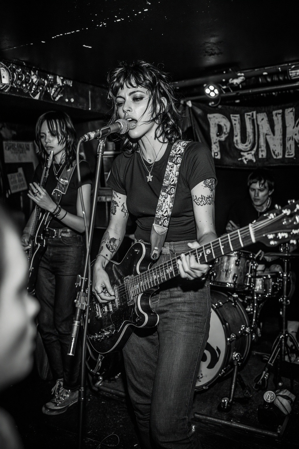 midjourneypastel12t photograph.  
A dynamic, high-contrast, black and white candid photograph capturing a female-fronted punk or indie rock band performing live in an intimate club or DIY venue. The lead guitarist and vocalist, a young woman with a choppy bob haircut and bangs, is front and center, passionately singing into a microphone while strumming an electric guitar. She wears a dark t-shirt, dark jeans, and a guitar strap with a unique pattern. Her left arm shows tattoos. To her left, another female guitarist with a similar haircut is visible, focused on her instrument. In the background, a drummer with short hair is intensely playing the drums beneath a 'PUNK' banner. The scene is gritty and energetic, with a crowd of blurred figures visible. 