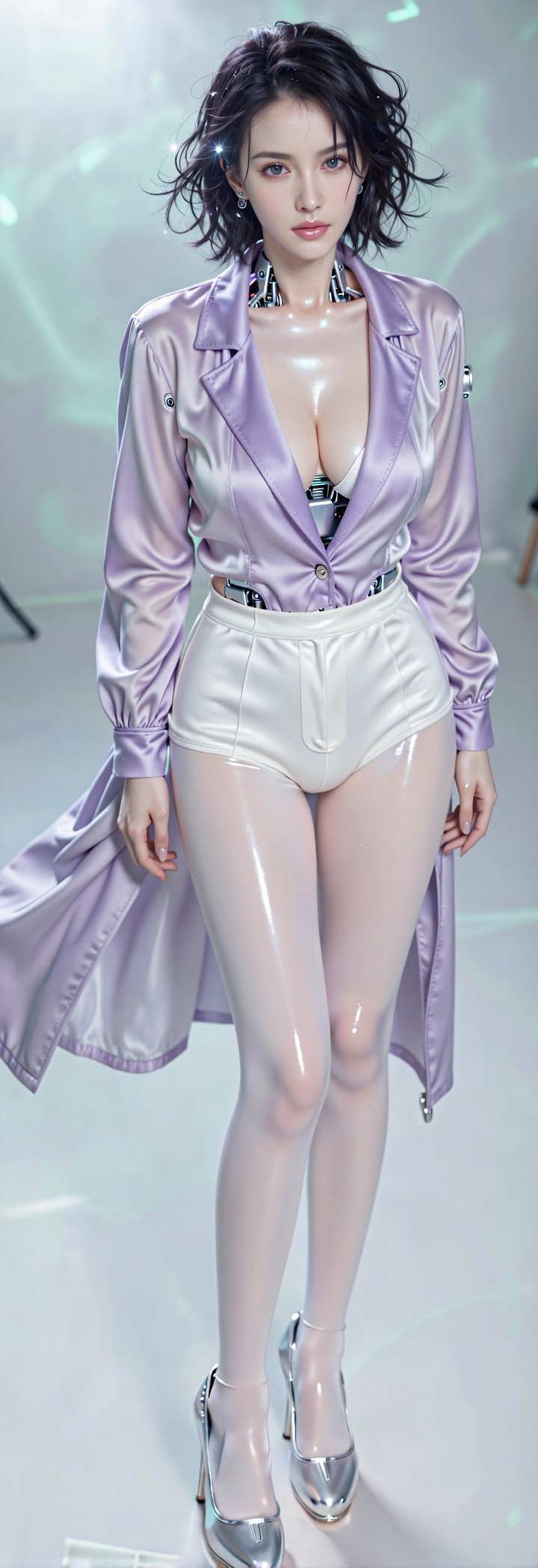 

主体描述：fullbody,一位高冷御姐风格的机械姬,黑色短发凌乱卷曲呈蛋卷头,黑灰色瞳孔明亮有神,五官精致立体,嘴唇晶莹剔透,冷白皮肤透着机械的微光,锁骨线条清晰,修长的手指轻搭在身侧,超长细腿与丰满身形形成极具冲击力的视觉比例。

服装与细节：身着轻薄的宽松淡紫色丝绸外套,腿上穿着白色油亮透明的连裤袜和银色高跟鞋,衣服面料垂坠感极佳,丝袜质感极其顺滑且有光泽,随风轻扬露出内搭的简约机械构造,衣物边缘锐利清晰,与肌肤的自然光泽形成质感对比,机械关节泛着冷冽的金属光泽。

场景与光影：高角度俯拍视角,人物立于朦胧的微光中,侧上方的光线穿透薄雾,洒在她的发丝与肩头,形成闪耀的光斑与柔和的明暗过渡,背景是极简的纯色空间,隐约透着淡青色的光晕。

技术参数：佳能EOS R5,50mm定焦镜头,快门1/125s,光圈f/4,ISO 100,4K超清画质,画质清晰无噪点,利用先进算法降噪消锯齿,强化细节锐度,保留肌肤与面料的自然纹理。

后期质感：微调色彩对比度,突出淡紫色丝绸的清新与机械姬的冷白肤色,强化衣物边缘的清晰度,保留肌肤的晶莹光泽,营造极简时尚写真的高级质感,整体画面通透而富有层次。