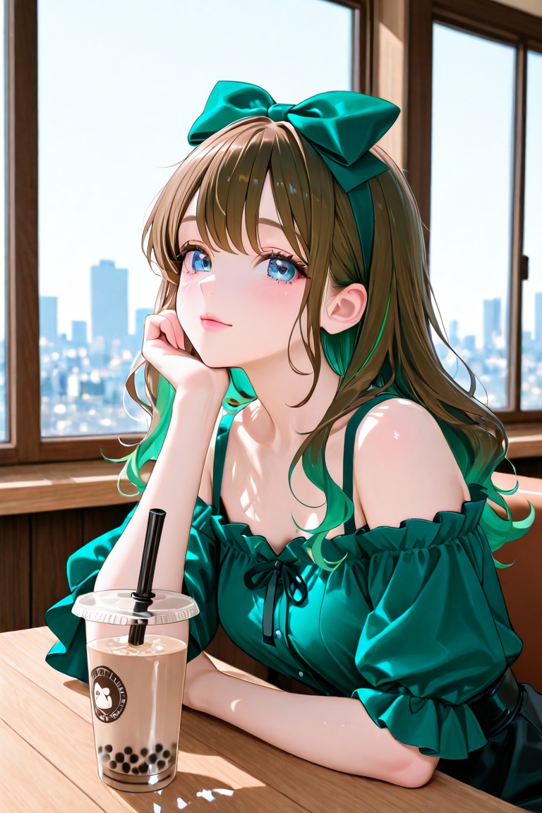 this is a digital anime-style drawing of a young woman with long,  wavy brown hair and fair skin,  she is seated at a cafe...