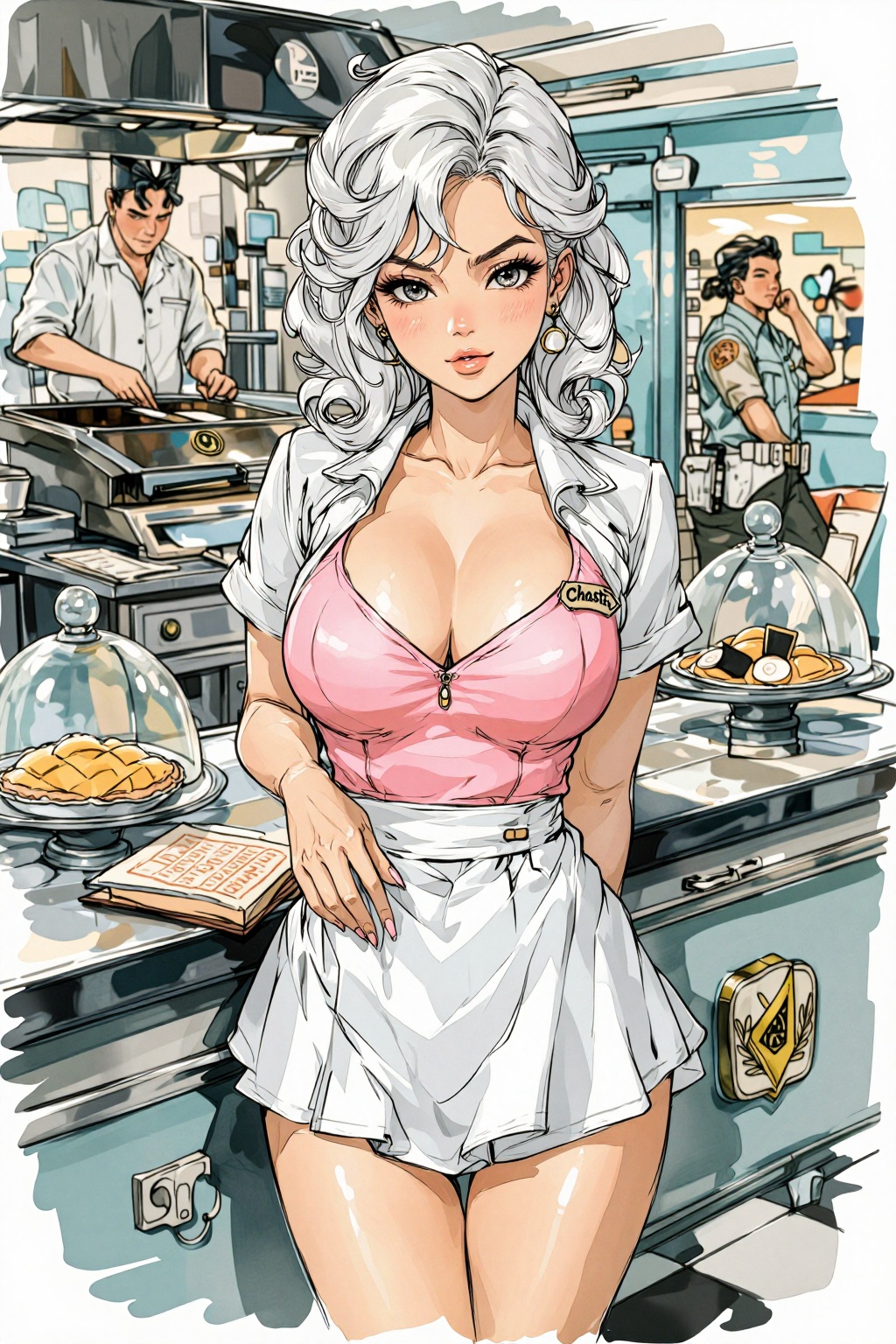 nijiwatercolor8t watercolor illustration. A waitress named Chastity,  shown in 3/4 view,  with her name embroidered on a t...