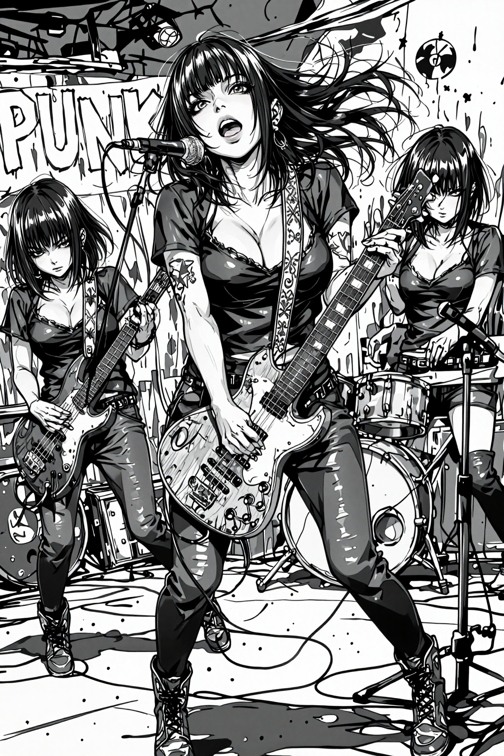 nijiwatercolor8t watercolor illustration.  
A dynamic, high-contrast, black and white image capturing a female-fronted punk or indie rock band performing live in an intimate club or DIY venue. The lead guitarist and vocalist, a young woman with a choppy bob haircut and bangs, is front and center, passionately singing into a microphone while strumming an electric guitar. She wears a dark t-shirt, dark jeans, and a guitar strap with a unique pattern. Her left arm shows tattoos. To her left, another female guitarist with a similar haircut is visible, focused on her instrument. In the background, a drummer with short hair is intensely playing the drums beneath a 'PUNK' banner. The scene is gritty and energetic, with a crowd of blurred figures visible. 