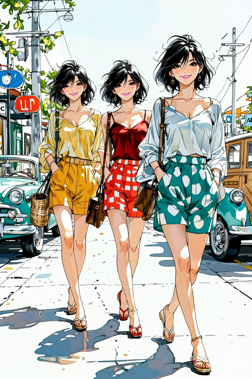 nijiwatercolor8t watercolor illustration.   
A vibrant and stylish vintage-style street photograph, capturing three fashionable young women with short hairstyles, walking confidently down a sunny urban sidewalk. The woman in the foreground on the right wears a light blue cropped top, high-waisted teal and white diamond-patterned shorts, and white flip-flops. The woman in the middle wears a dark red camisole, high-waisted red and white gingham shorts, and red flip-flops, carrying a small brown handbag. The woman on the left wears a yellow blouse, yellow shorts, and flip-flops, carrying a woven basket bag. In the background, vintage cars (including a blue sedan and a wood-paneled station wagon) are parked along the street, and retro storefronts are visible under a bright, clear sky. The image has a slightly desaturated yet colorful aesthetic, evoking a 1950s or early 60s summer day. Mid-century fashion, street photography, vintage car culture, sunny afternoon, retro aesthetic. 
