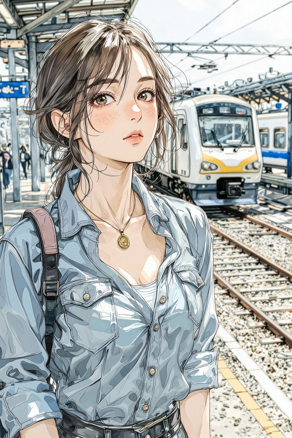 nijiwatercolor8t watercolor illustration.  
On the left is a young woman with a neutral, calm expression standing on a gravel-covered train platform. She has long, light brown hair with fine strands blowing in the breeze, and subtle freckles across her nose. She is dressed in a blue denim button-down shirt over a white top, accessorized with a delicate gold coin necklace and pink backpack straps visible over her shoulders. The background shows two modern trains on parallel tracks, one white and yellow and the other blue and silver, receding into a soft-focus blur. The setting is beneath a structured station roof with glowing overhead signage. Bright, natural daylight creates a clean, airy atmosphere with soft textures and a cool-toned color palette, evoking a mood of quiet anticipation and travel.