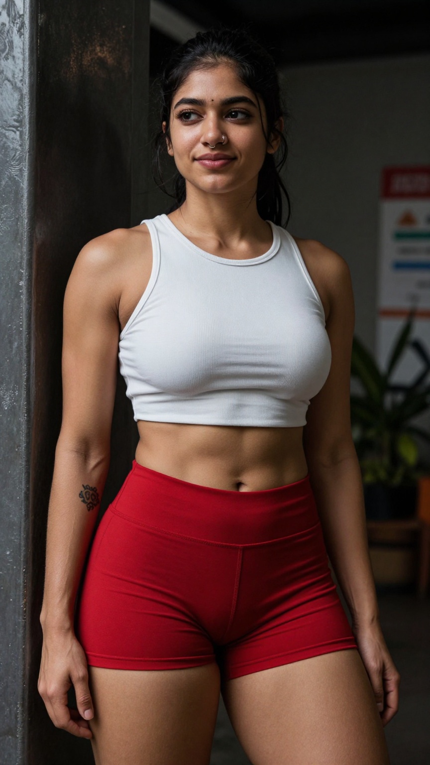Photograph of a fit,  young woman with a light brown complexion and dark hair pulled back in a ponytail. She is standing i...