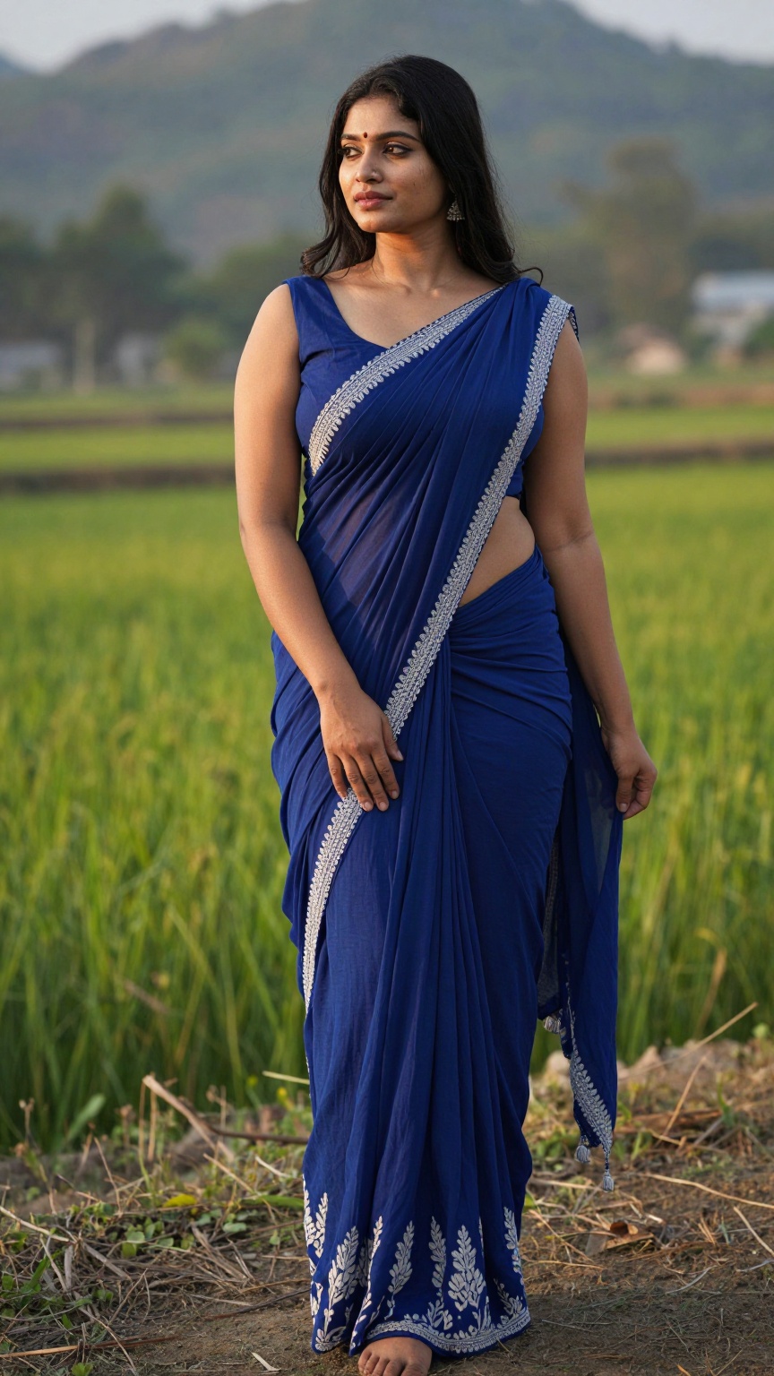Create a woman in a traditional lungi,  wrapped elegantly around her waist and draped gracefully over her shoulders. The f...
