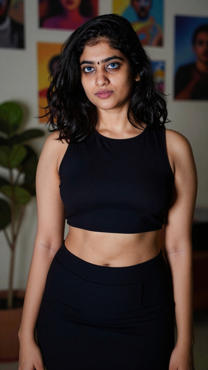 Photograph of a young woman with medium brown skin and black,  shoulder-length wavy hair. She is wearing a black,  sleevel...