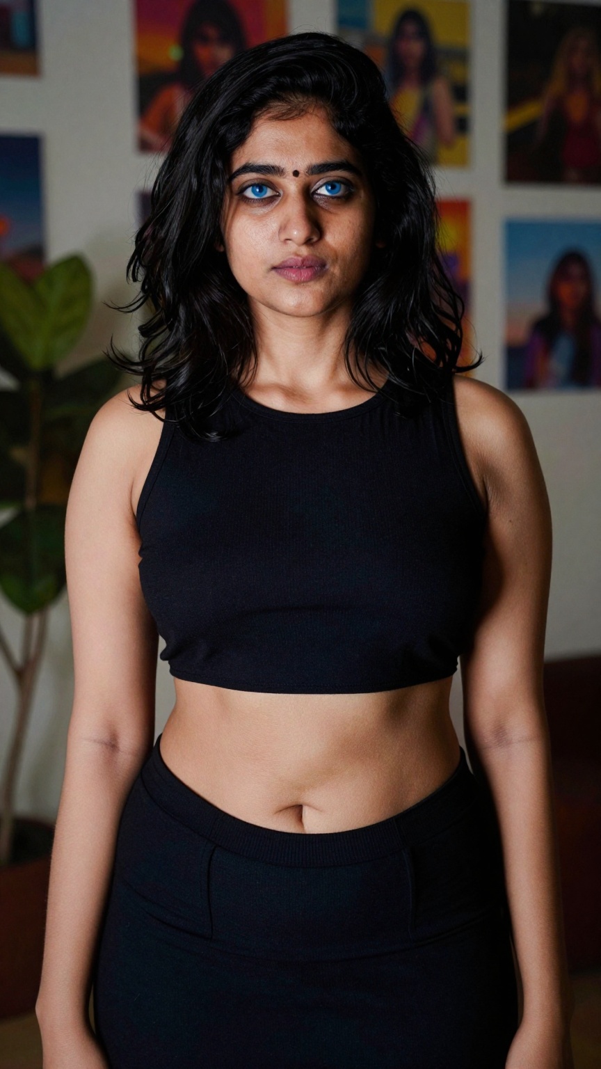 Photograph of a young woman with medium brown skin and black,  shoulder-length wavy hair. She is wearing a black,  sleevel...