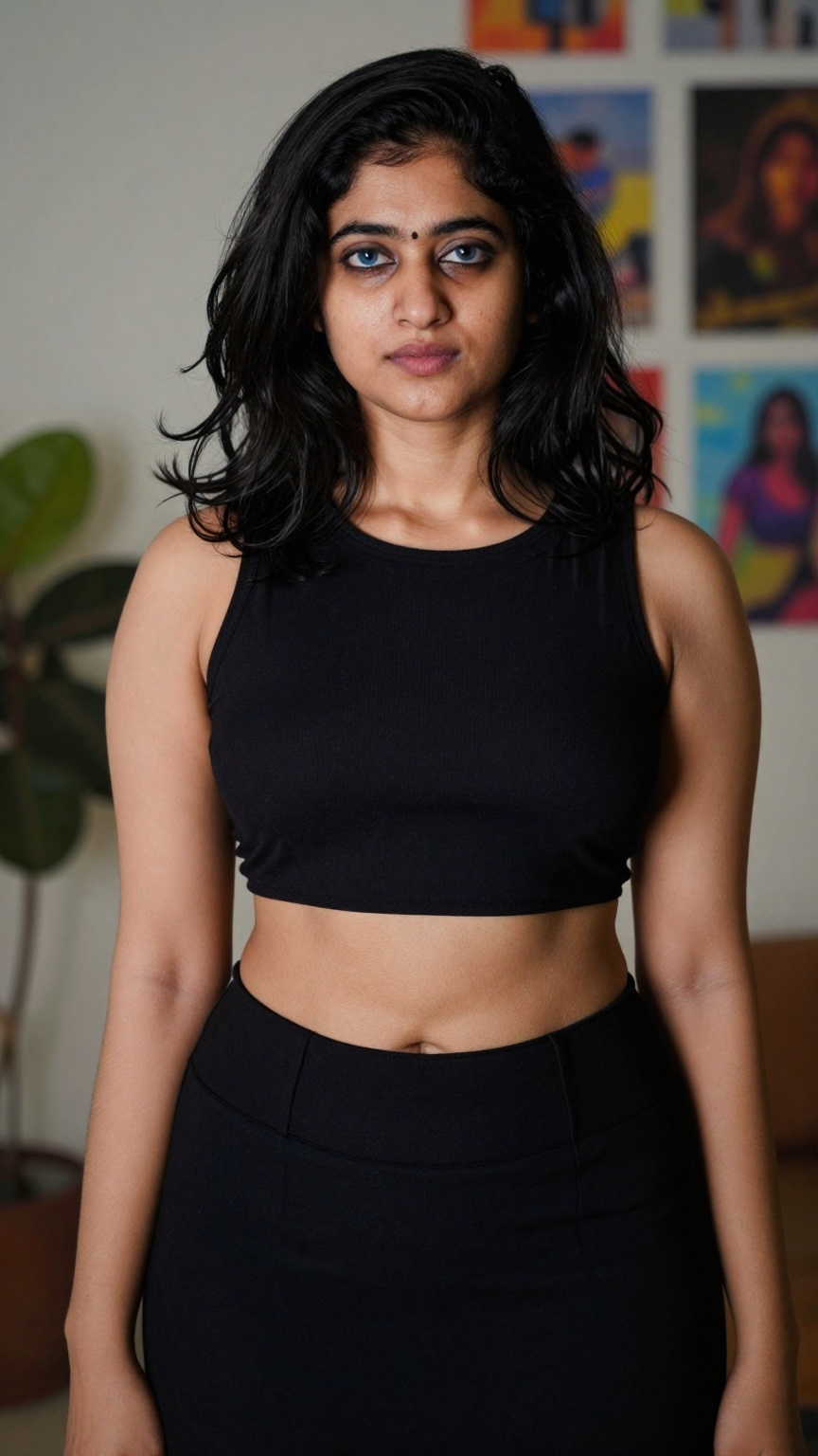 Photograph of a young woman with medium brown skin and black,  shoulder-length wavy hair. She is wearing a black,  sleevel...