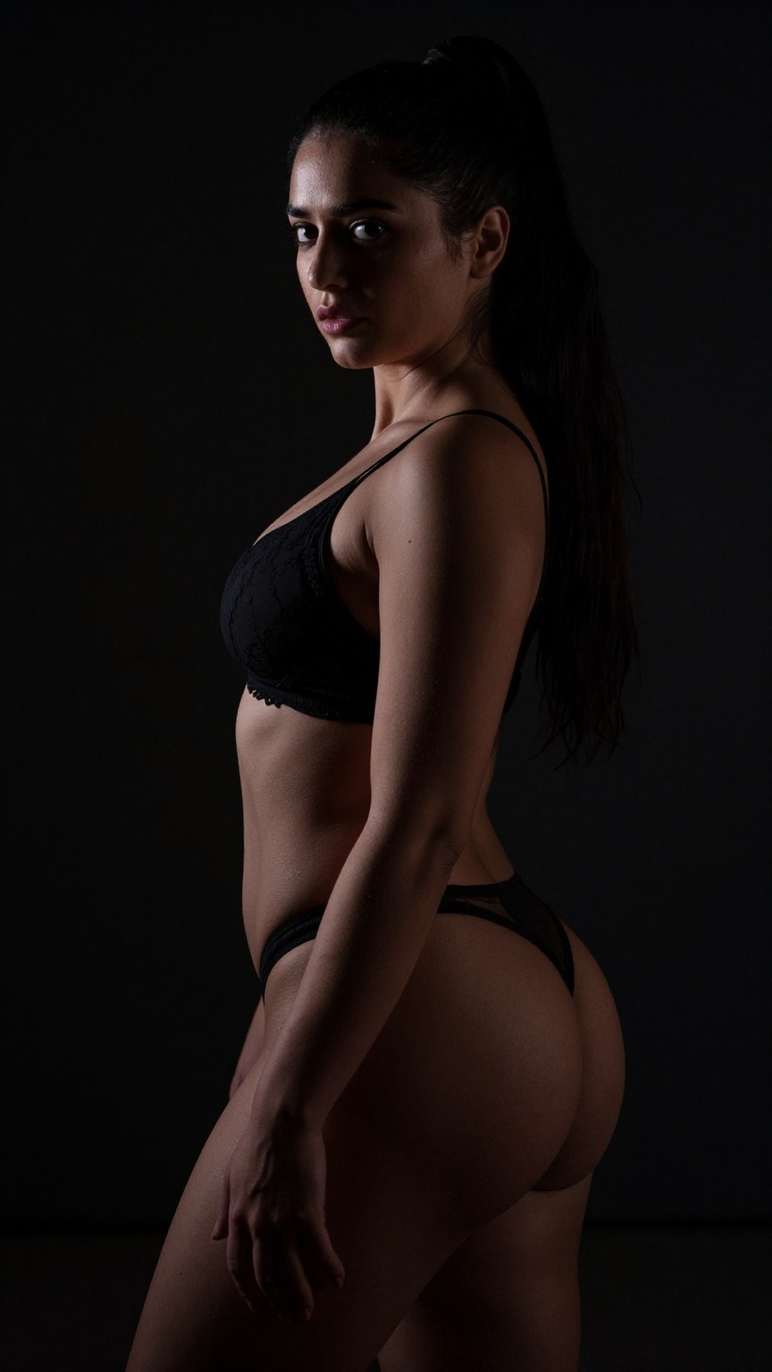 Create a half-portrait of a woman standing with a high pony tail and long hair,  looking directly at the viewer. Emphasize...