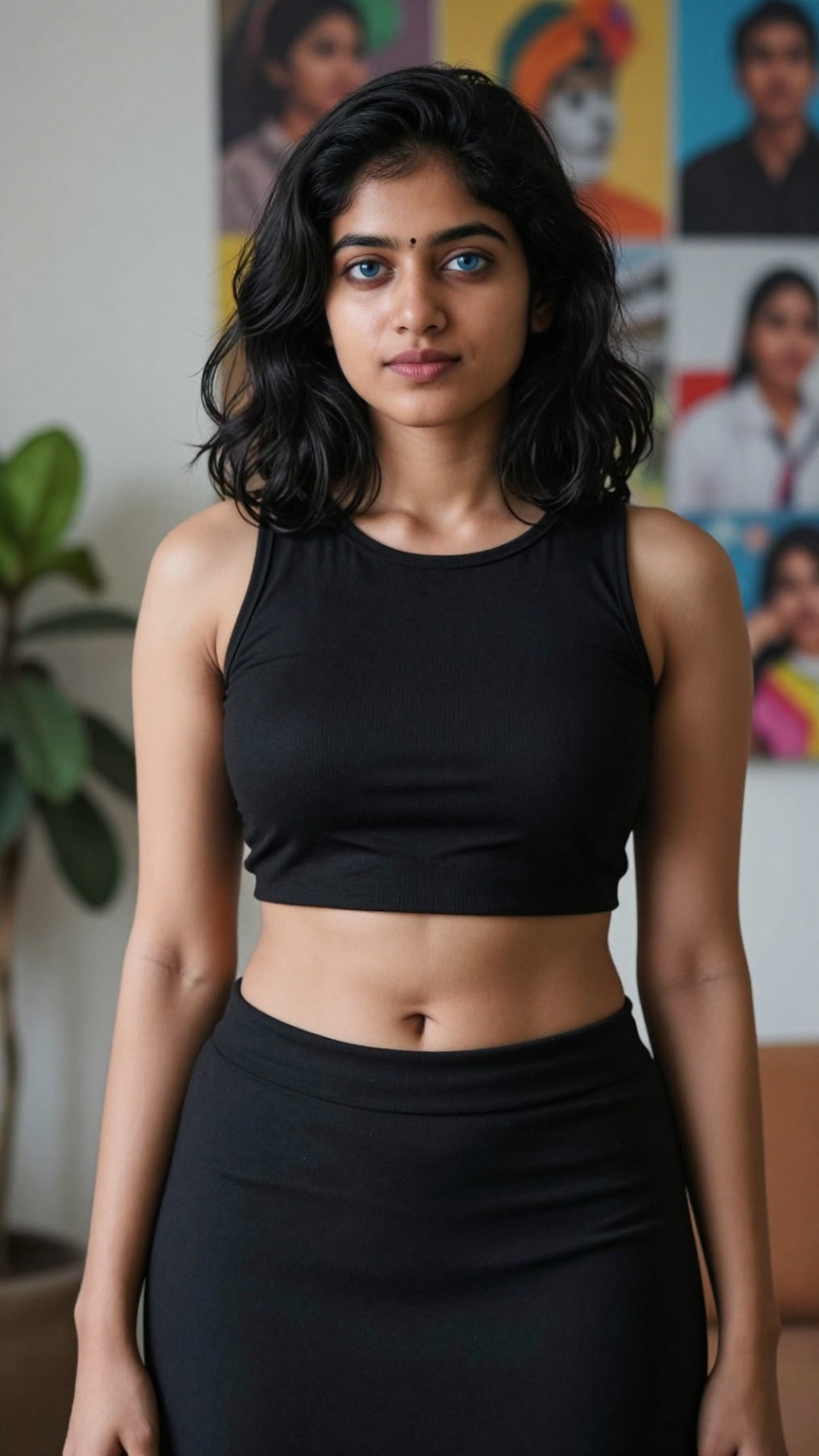 Photograph of a young woman with medium brown skin and black,  shoulder-length wavy hair. She is wearing a black,  sleevel...
