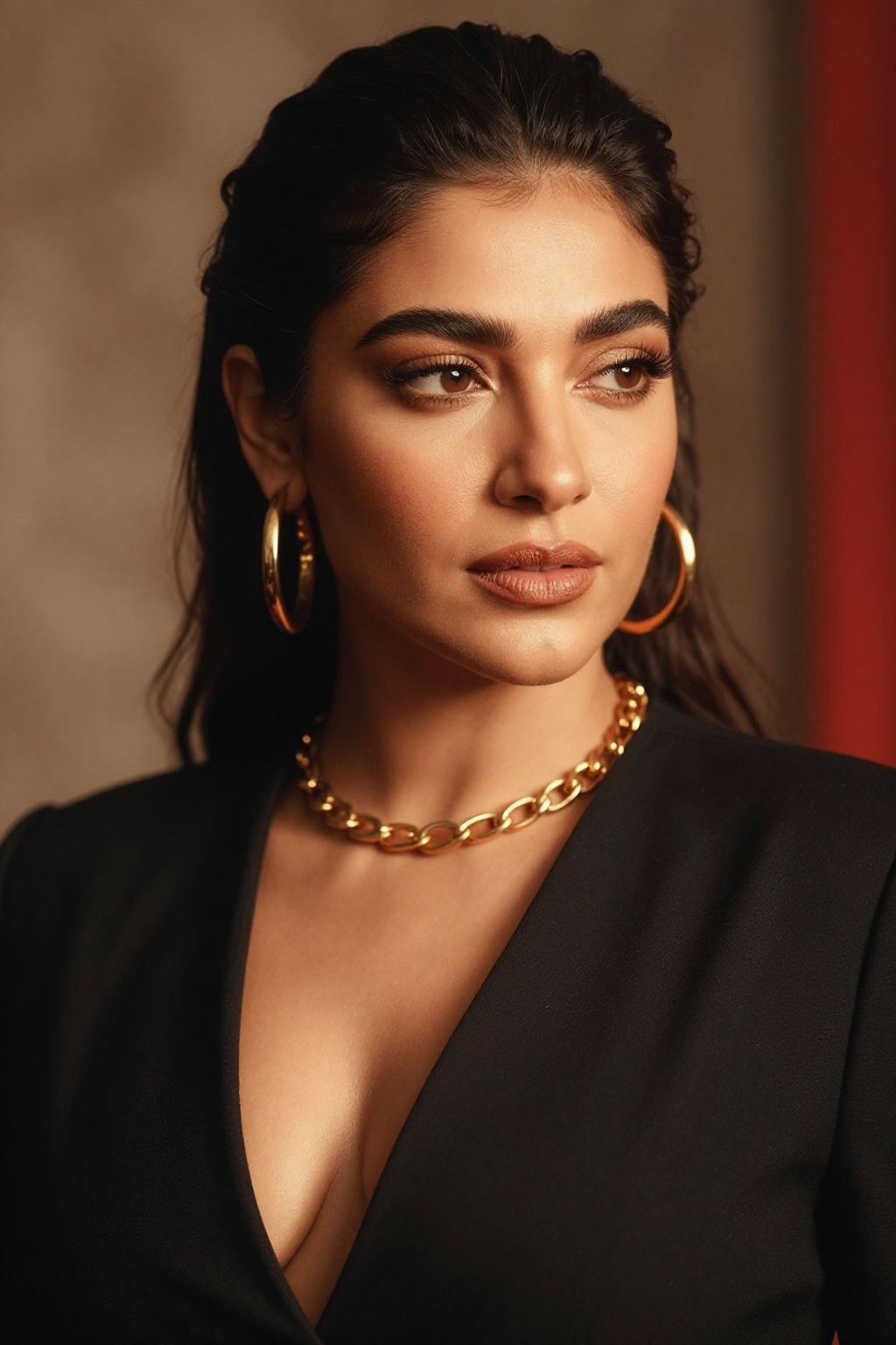 Photograph of a woman with light olive skin and dark,  slicked-back hair,  wearing a black on Tensor.Art
