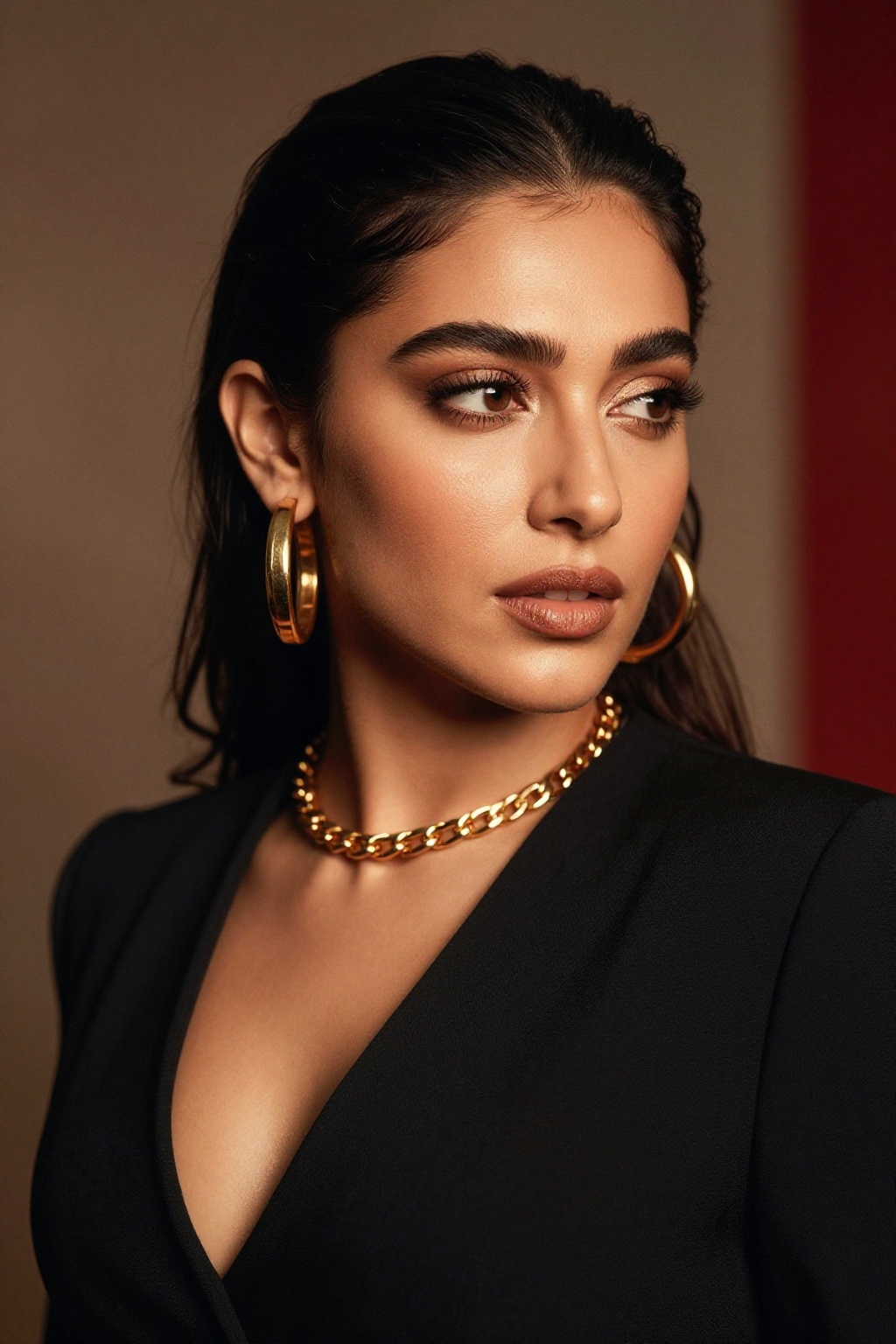 Photograph of a woman with light olive skin and dark,  slicked-back hair,  wearing a black on Tensor.Art
