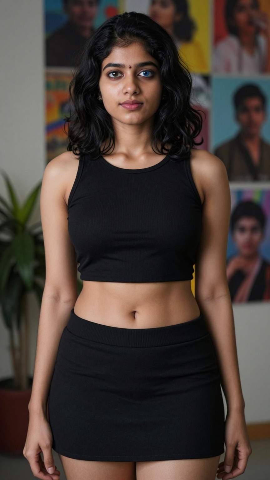 Photograph of a young woman with medium brown skin and black,  shoulder-length wavy hair. She is wearing a black,  sleevel...