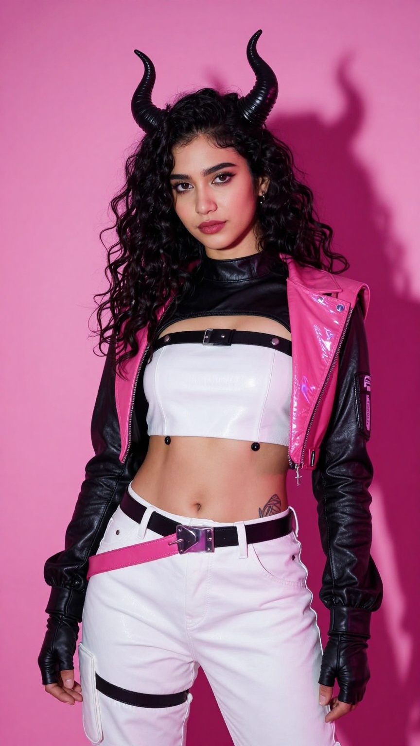 Photograph of a young woman standing against a bright pink background. She has long curly black hair and is wearing a futu...