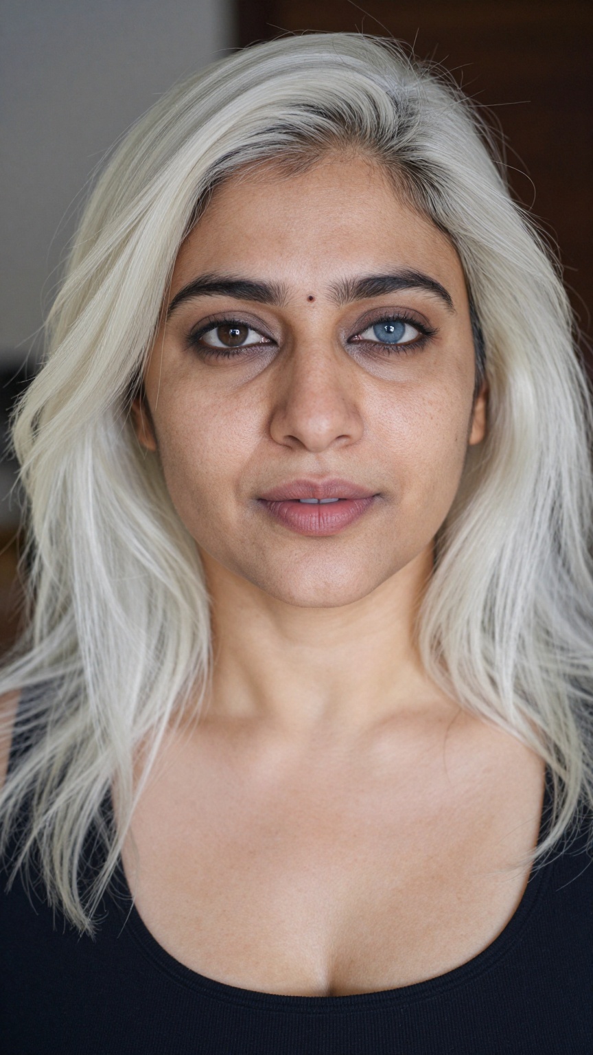Photograph shot from above,  a 35-year-old South Asian woman named Anu with a centered face. She has long wavy platinum wh...