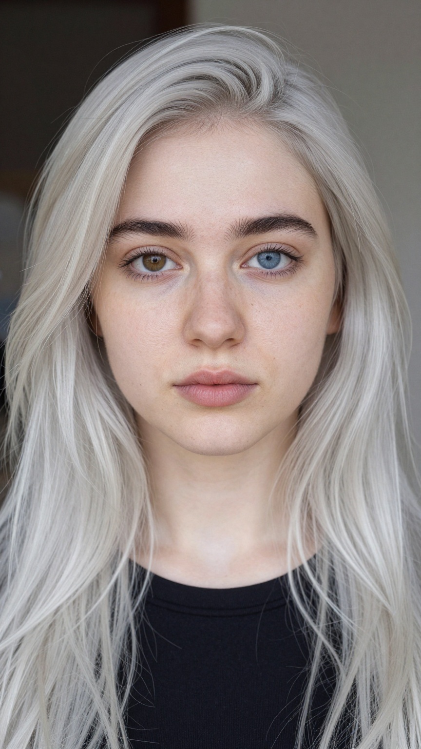 Photograph shot from above,  a young woman with a centered face. She has long wavy platinum white hair that frames her fac...