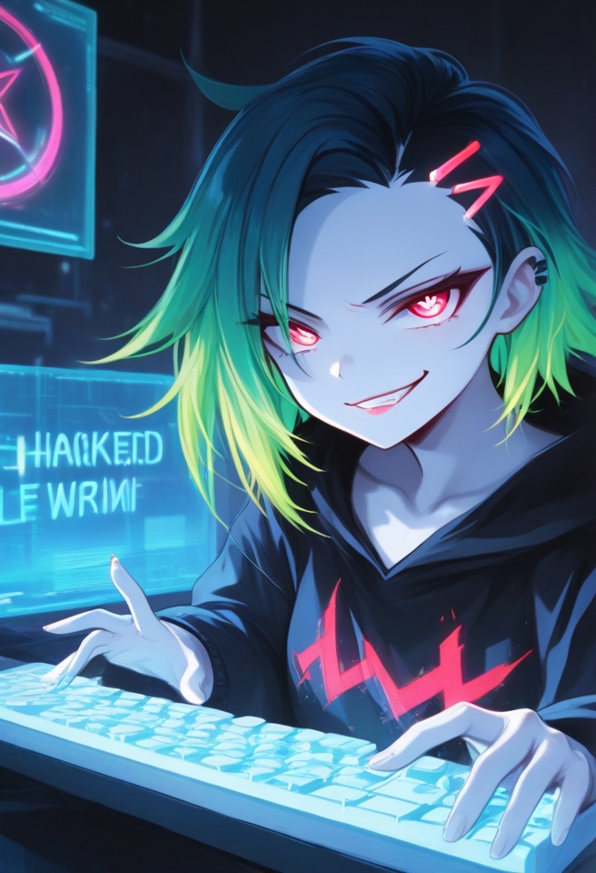 hacker with a shaved head and vibrant green streaks dyed into her remaining hair. Her fingers fly across a holographic key...