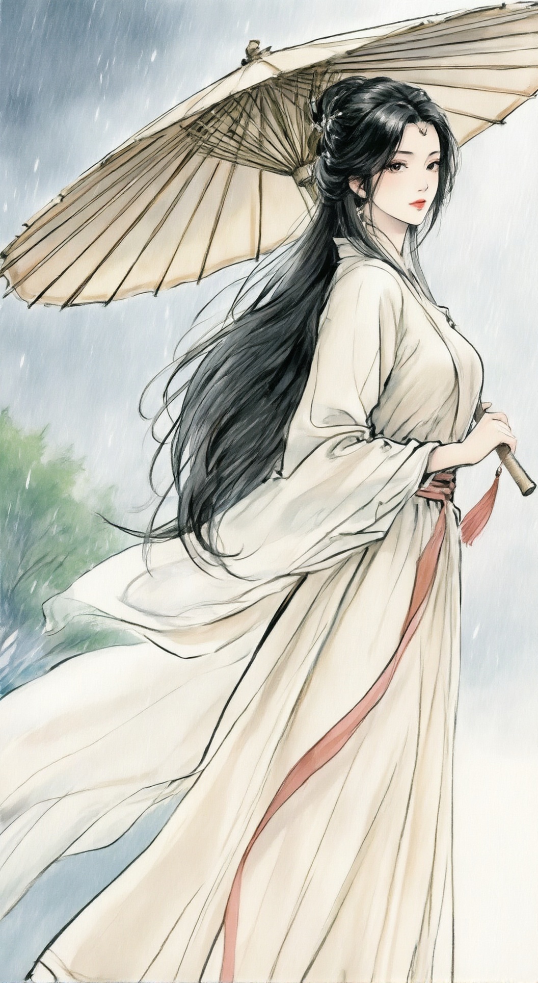 LDS_style, 一张水墨与水彩混合风格的艺术绘画,具有明显的黑色手绘线条和半透明晕染感。一位女子手持传统的雨伞。她身着飘逸的浅色汉服,长发乌黑且自然垂落。背景是柔和的阴天,细雨轻落,远处还有树木的淡淡轮廓。整体氛围平和而沉思