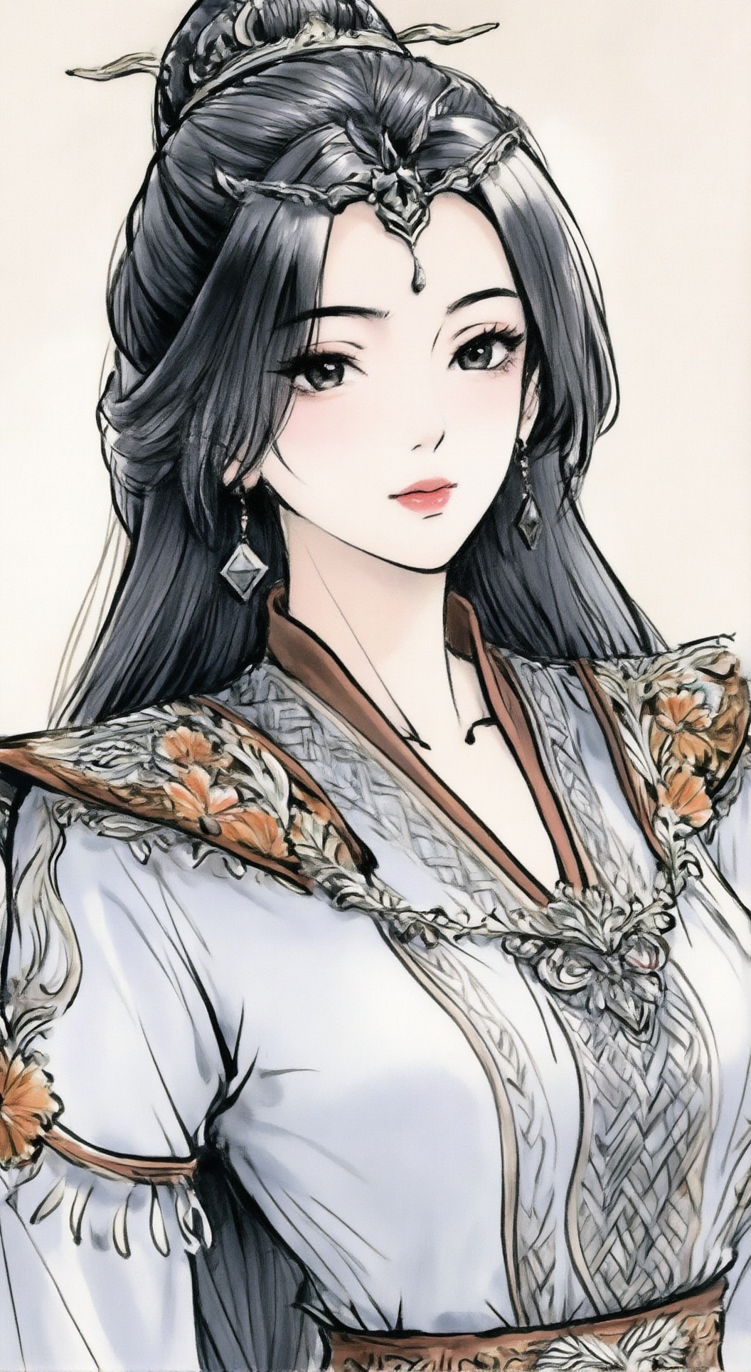 LDS_style, 一张水墨与水彩混合风格的艺术绘画,具有明显的黑色手绘线条和半透明晕染感。人物为女性,眉形细长,黑色墨迹勾勒的眼眶内是深邃的瞳孔,眼尾微挑,鼻梁挺直,唇色淡粉,耳垂佩戴方形吊坠耳环,耳垂轮廓以细线勾勒。发色为灰黑,长发披肩,部分束于头顶,饰有金属发冠,额前点缀银色装饰。身穿浅灰色外袍,衣领处有棕色镶边,肩部装饰繁复,以花卉图案和金属纹路构成,花瓣由多层色块堆叠而成,边缘带有水渍晕染效果,衣身纹理清晰,线条流畅,袖口及胸前有暗纹编织结构,整体服饰细节通过墨线勾勒与水彩渲染结合呈现。