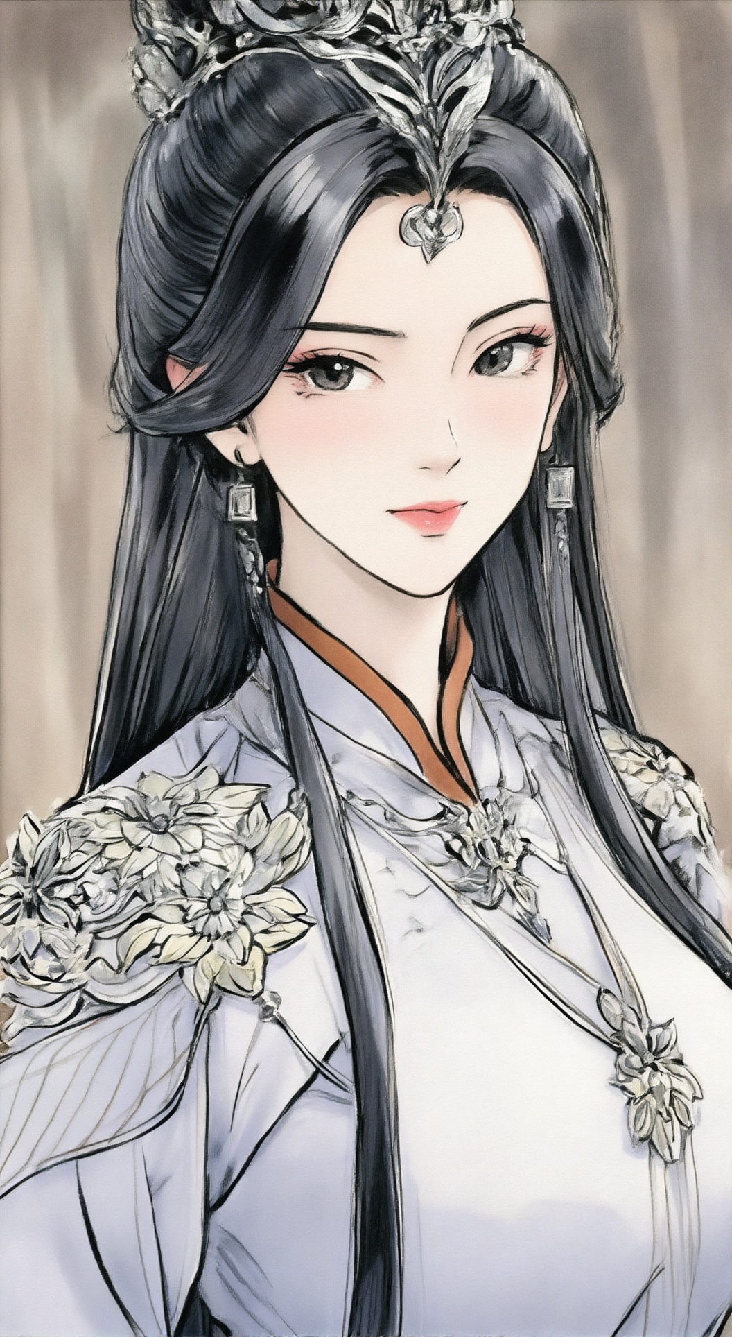 LDS_style, 一张水墨与水彩混合风格的艺术绘画,具有明显的黑色手绘线条和半透明晕染感。人物为女性,眉形细长,黑色墨迹勾勒的眼眶内是深邃的瞳孔,眼尾微挑,鼻梁挺直,唇色淡粉,耳垂佩戴方形吊坠耳环,耳垂轮廓以细线勾勒。发色为灰黑,长发披肩,部分束于头顶,饰有金属发冠,额前点缀银色装饰。身穿浅灰色外袍,衣领处有棕色镶边,肩部装饰繁复,以花卉图案和金属纹路构成,花瓣由多层色块堆叠而成,边缘带有水渍晕染效果,衣身纹理清晰,线条流畅,袖口及胸前有暗纹编织结构,整体服饰细节通过墨线勾勒与水彩渲染结合呈现。