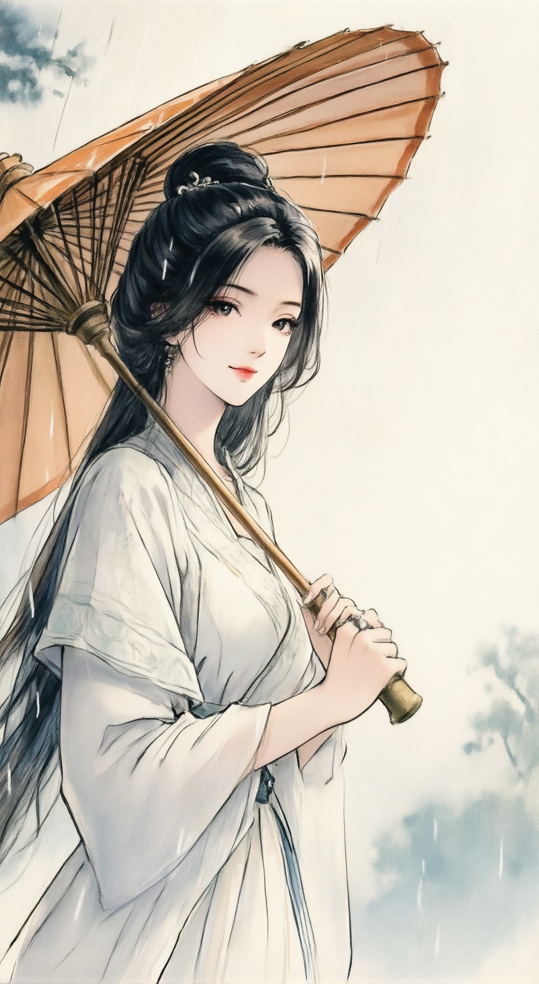 LDS_style, 一张水墨与水彩混合风格的艺术绘画,具有明显的黑色手绘线条和半透明晕染感。一位女子手持传统的雨伞。她身着飘逸的浅色汉服,长发乌黑且自然垂落。背景是柔和的阴天,细雨轻落,远处还有树木的淡淡轮廓。整体氛围平和而沉思