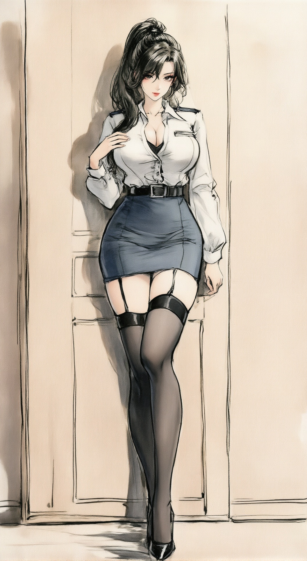LDS_style, 一张水墨与水彩混合风格的艺术绘画,具有明显的黑色手绘线条和半透明晕染感。人物为女性,秘书,制服,短裙,长筒袜。