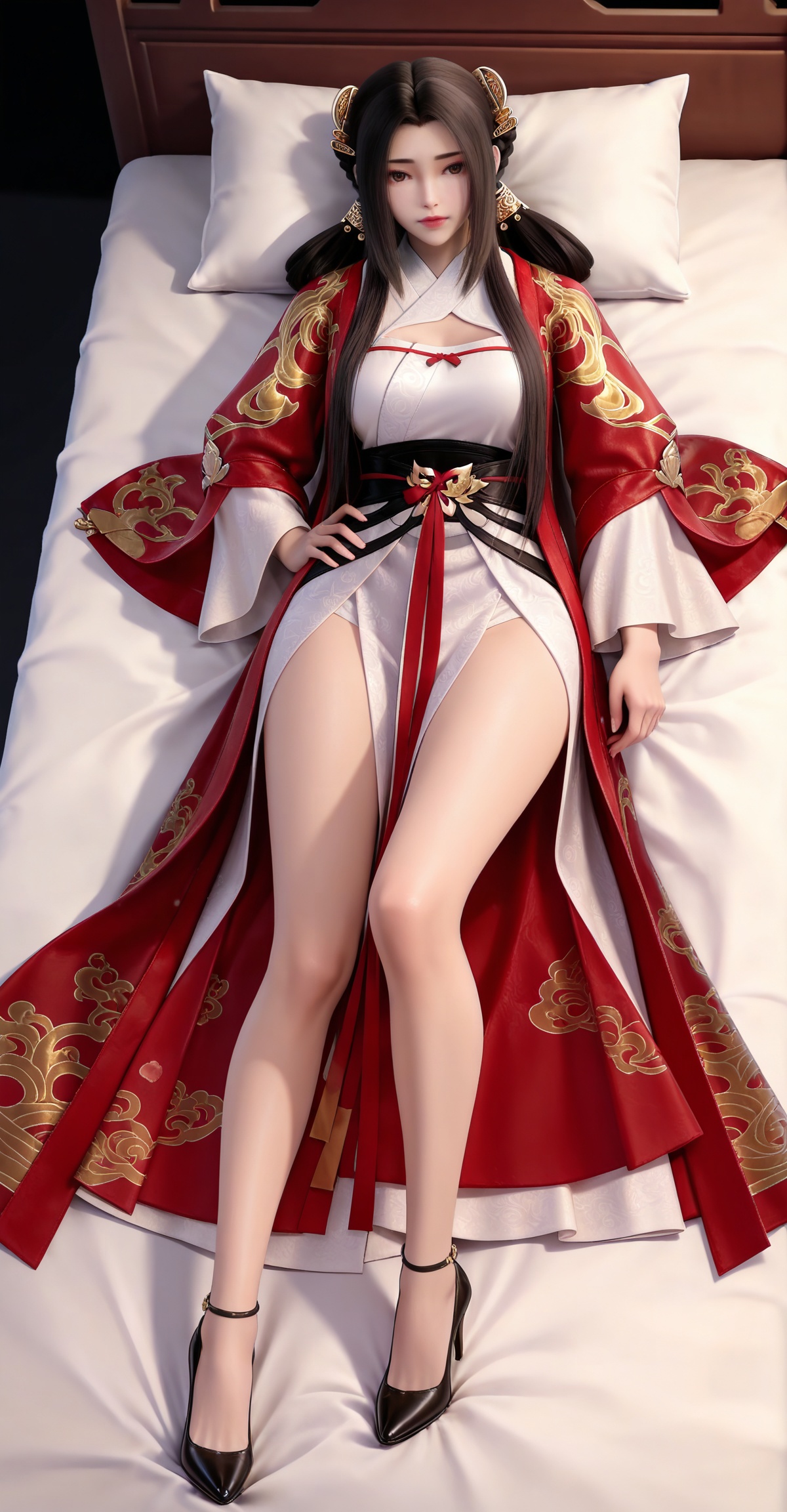 masterpiece,high quality,tall,game cg,highres,(white_skin:0.6),(shiny_skin:0.6),(realistic:1.1),looking_at_viewer,lvjing,black_background,simple background,,black hair, long hair, brown eyes, hair ring, braid, hair_ornament, qinyining, red kimono coat, qinyining white dress, qinyining hanfu, long_sleeves, wide_sleeves,,large breasts,cleavage,cleavage cutout,breasts,high_heels,jewelry,full body,legs,long legs,hand on hip,bed,dynamic_angle,dutch angle,lying,on back,


