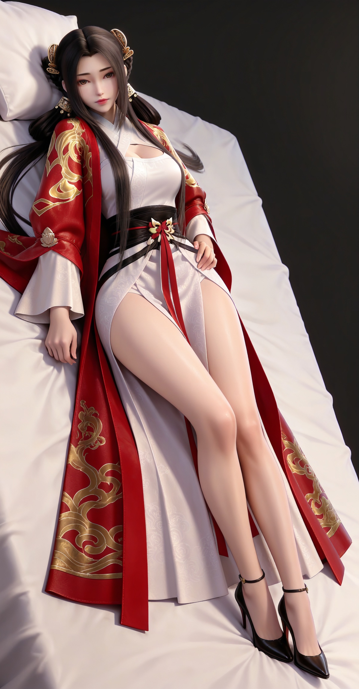 masterpiece,high quality,tall,game cg,highres,(white_skin:0.6),(shiny_skin:0.6),(realistic:1.1),looking_at_viewer,lvjing,black_background,simple background,,black hair, long hair, brown eyes, hair ring, braid, hair_ornament, qinyining, red kimono coat, qinyining white dress, qinyining hanfu, long_sleeves, wide_sleeves,,large breasts,cleavage,cleavage cutout,breasts,high_heels,jewelry,full body,legs,long legs,hand on hip,bed,dynamic_angle,dutch angle,lying,on back,


