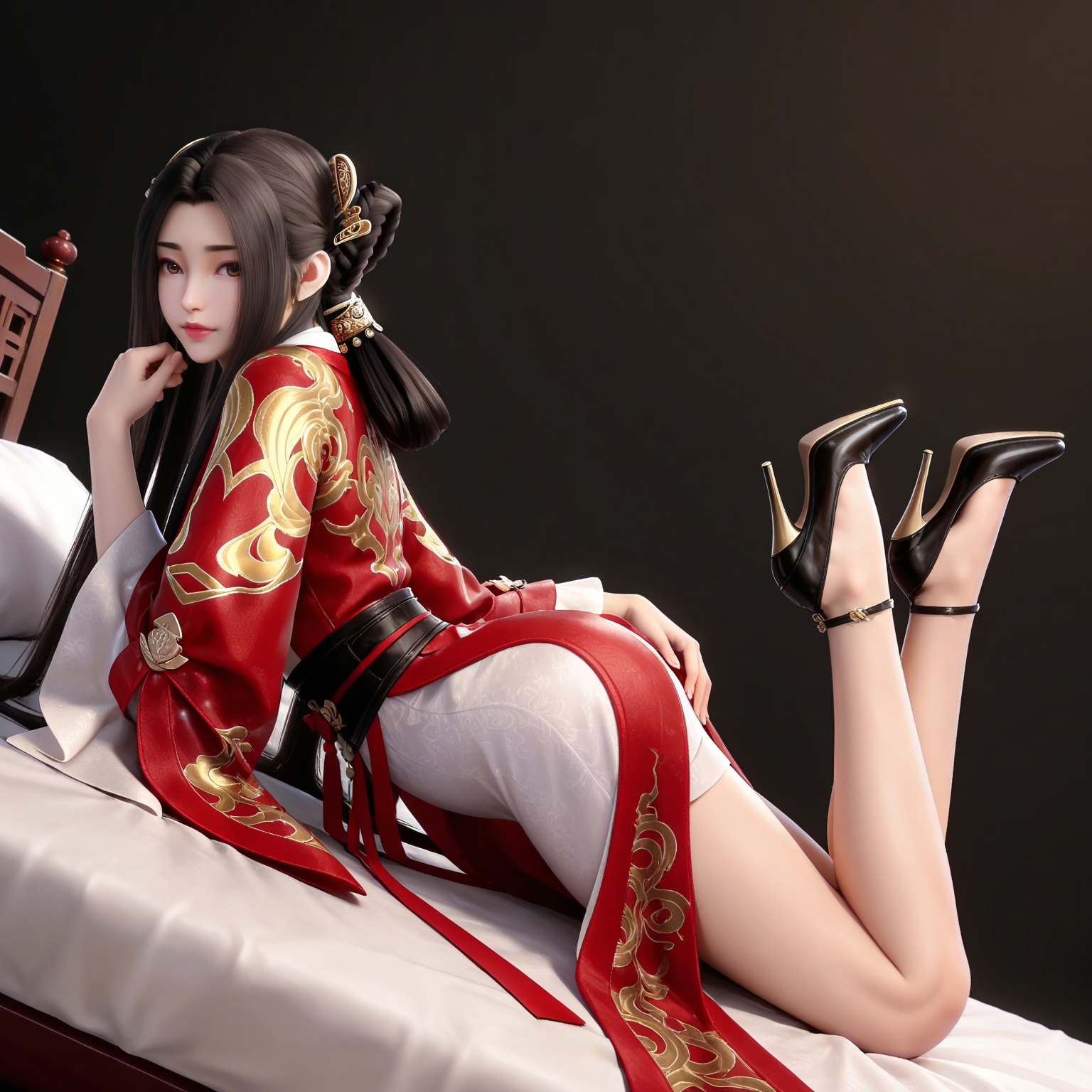 masterpiece,high quality,tall,game cg,highres,(white_skin:0.6),(shiny_skin:0.6),(realistic:1.1),looking_at_viewer,lvjing,black_background,simple background,,black hair, long hair, brown eyes, hair ring, braid, hair_ornament, qinyining, red kimono coat, qinyining white dress, qinyining hanfu, long_sleeves, wide_sleeves,,high_heels,jewelry,full body,legs,long legs,hand on hip,bed,dynamic_angle,dutch angle,on_stomach,feet up,


