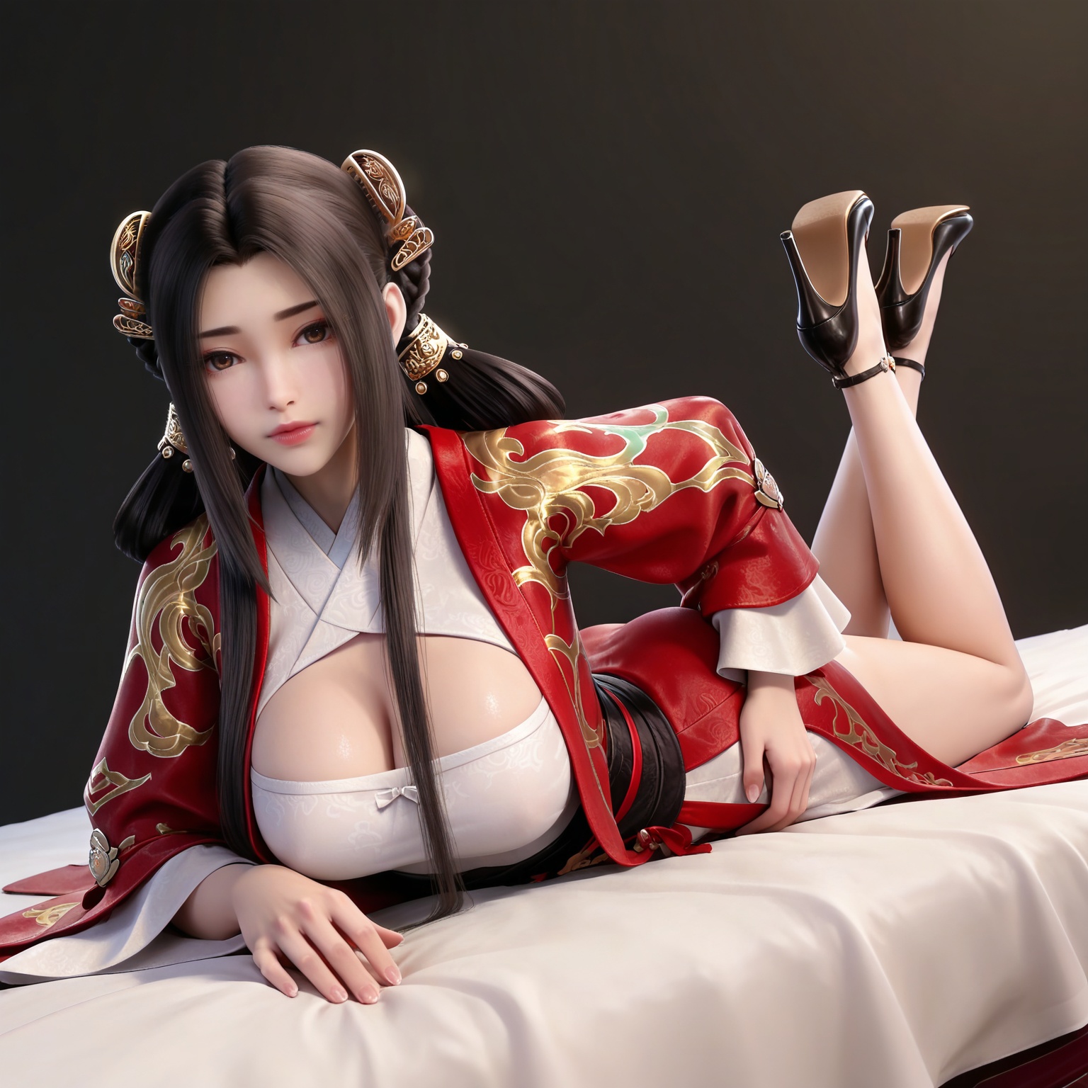 masterpiece,high quality,tall,game cg,highres,(white_skin:0.6),(shiny_skin:0.6),(realistic:1.1),looking_at_viewer,lvjing,black_background,simple background,,black hair, long hair, brown eyes, hair ring, braid, hair_ornament, qinyining, red kimono coat, qinyining white dress, qinyining hanfu, long_sleeves, wide_sleeves,,large breasts,cleavage,cleavage cutout,high_heels,jewelry,full body,legs,long legs,hand on hip,bed,dynamic_angle,dutch angle,on_stomach,feet up,


