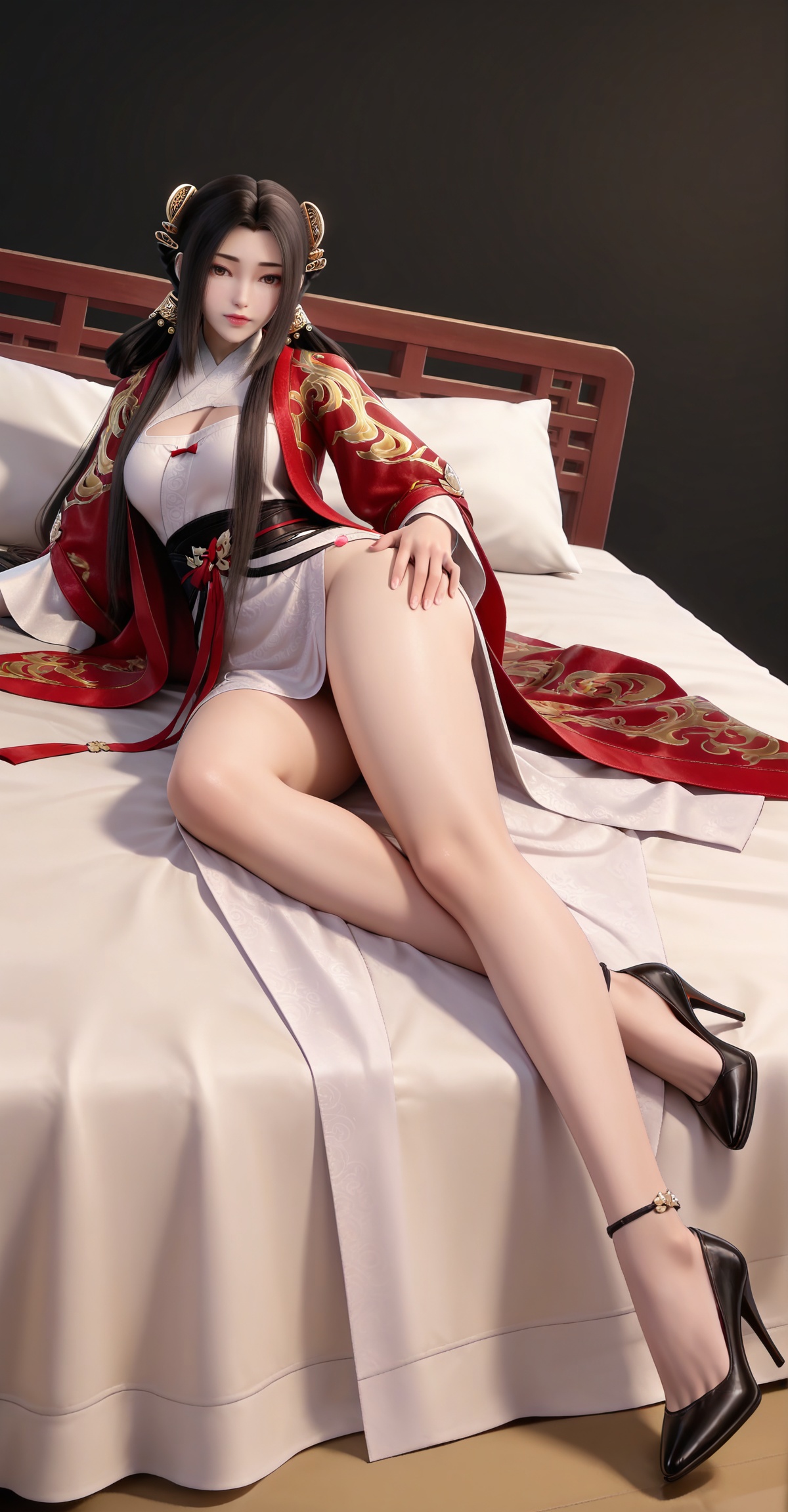 masterpiece,high quality,tall,game cg,highres,(white_skin:0.6),(shiny_skin:0.6),(realistic:1.1),looking_at_viewer,lvjing,black_background,simple background,,black hair, long hair, brown eyes, hair ring, braid, hair_ornament, qinyining, red kimono coat, qinyining white dress, qinyining hanfu, long_sleeves, wide_sleeves,,large breasts,cleavage,cleavage cutout,breasts,high_heels,jewelry,full body,legs,long legs,hand on hip,bed,dynamic_angle,dutch angle,on_stomach,feet up,


