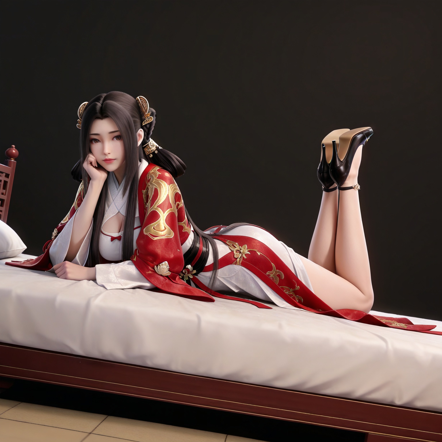 masterpiece,high quality,tall,game cg,highres,(white_skin:0.6),(shiny_skin:0.6),(realistic:1.1),looking_at_viewer,lvjing,black_background,simple background,,black hair, long hair, brown eyes, hair ring, braid, hair_ornament, qinyining, red kimono coat, qinyining white dress, qinyining hanfu, long_sleeves, wide_sleeves,,large breasts,cleavage,cleavage cutout,high_heels,jewelry,full body,legs,long legs,hand on hip,bed,dynamic_angle,dutch angle,on_stomach,feet up,


